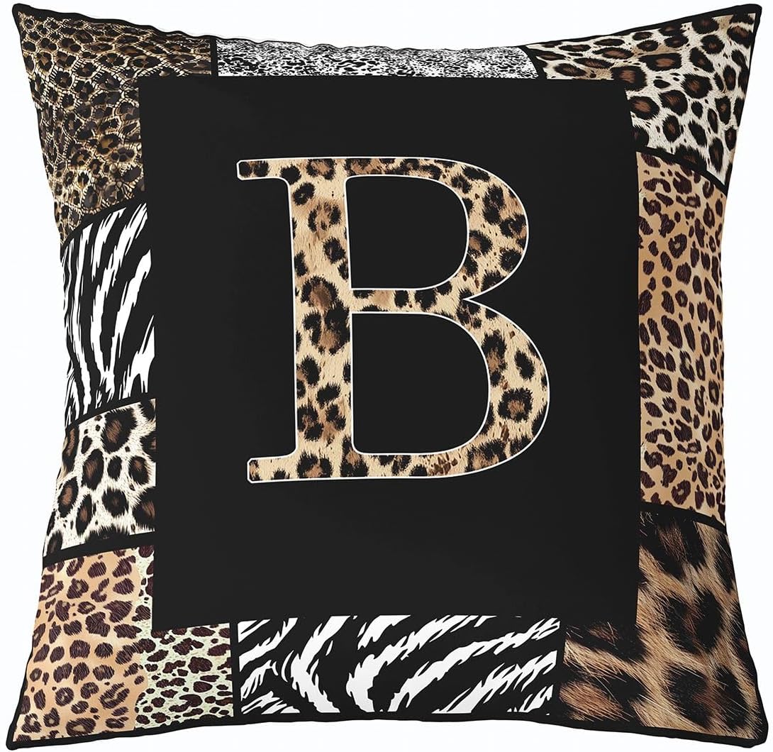 Castle Fairy Leopard Letter B Pillow Cover 16x16 Inch Black Brown African Wildlife Cushion Cover for Women Men Adults Cheetah Zebra Skin Print Pillow Case for Living Room Couch