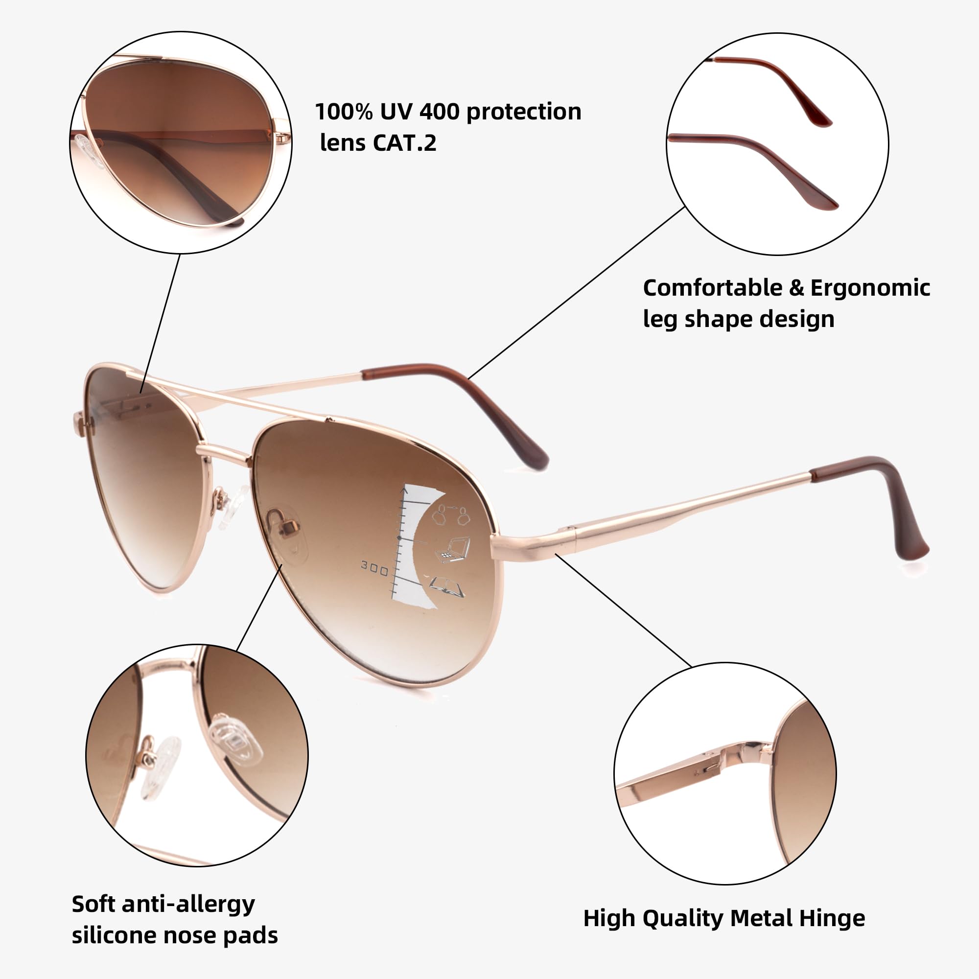 Progressive Sunglasses With Gradient Colour Lens,Classic Men's Command Aviator Metal Reading Glasses 2.5