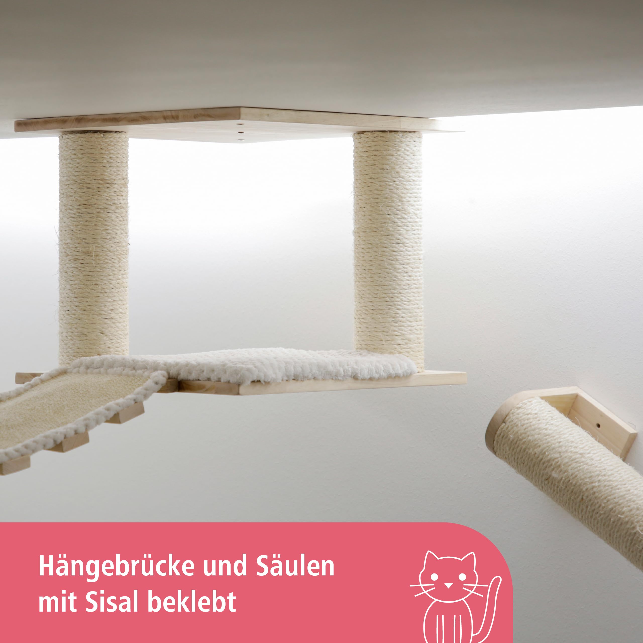 Kerbl Pet Katzenspielplatz Top XL | Natur/Weiß, Kletterwand aus Holz, Sisal und Polyester, bis 5 kg belastbar, für Wand- und Deckenmontage