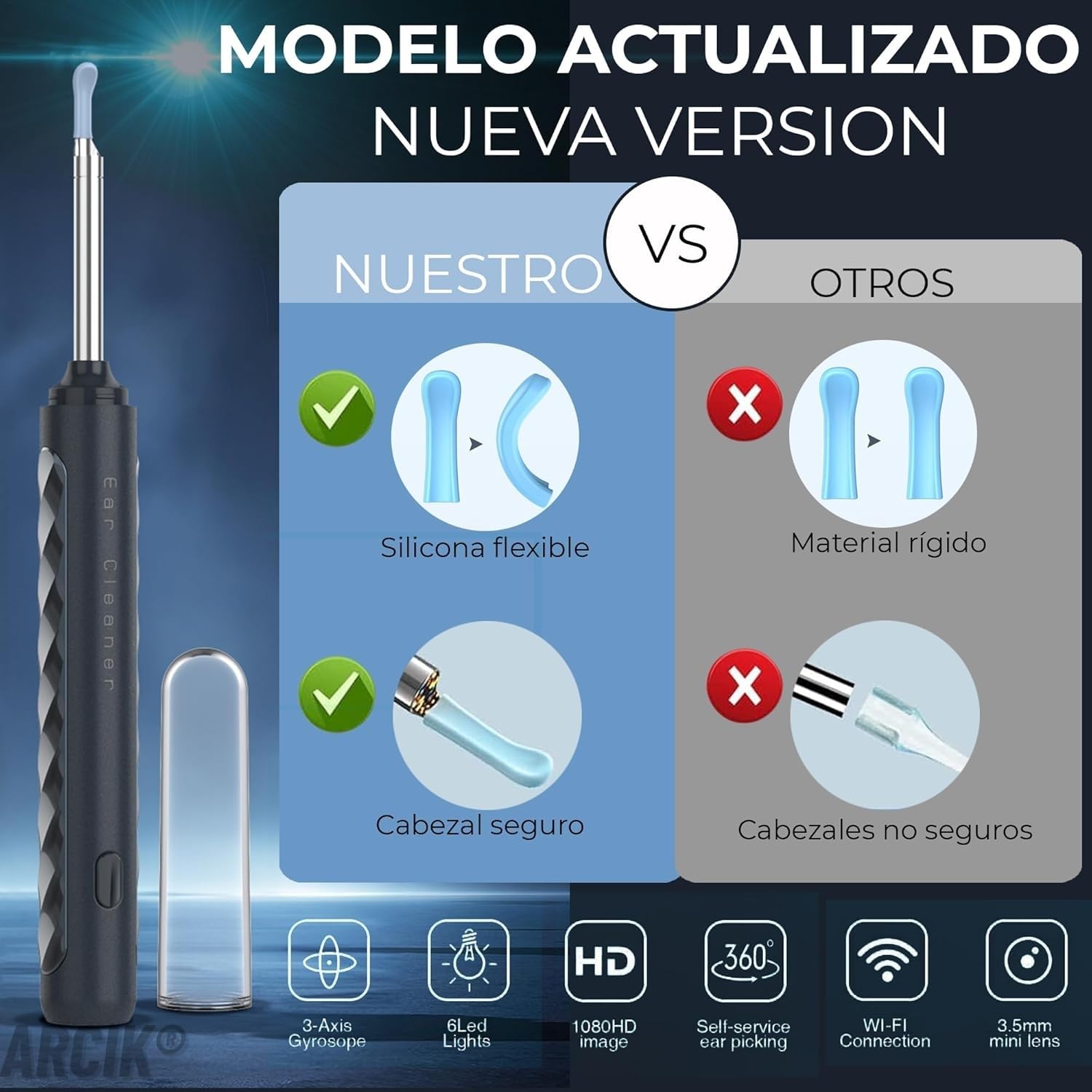 Otoscopio Limpiador Oidos Adultos - Otoscopio Limpiador de Oidos Cera con Camara HD - Ear Cleaner con 6 Puntas de Silicona y 7 Accesorios - Compatible Android e iOS, color Azul/Blanco (Blanco)
