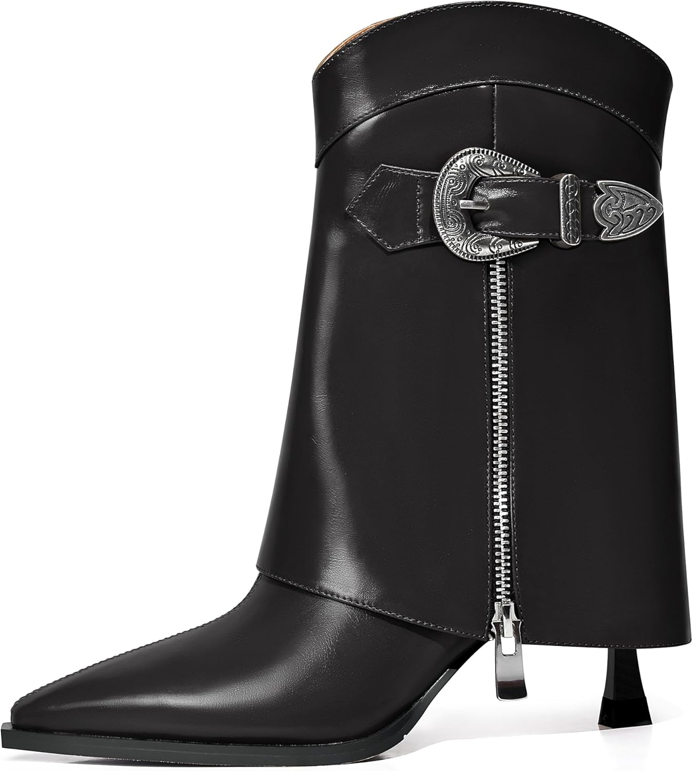 XINIUNIU Women's Ankle Boots Kitten Heel Fold Over Pointed Toe Metal Buckle Side Zipper 2.75 Inch Heel Fashion Booties