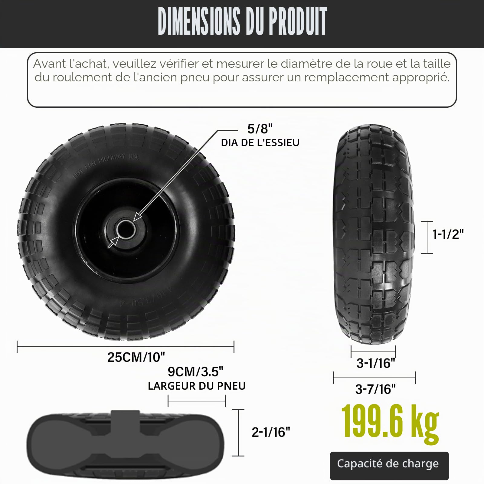 Roue Increvable 4.10/3.50-4 (x2) Alésage pour Axe 16mm - 250 x 90 mm – Capacité de Charge max. 180kg – Pour Diables, Brouettes, Chariots