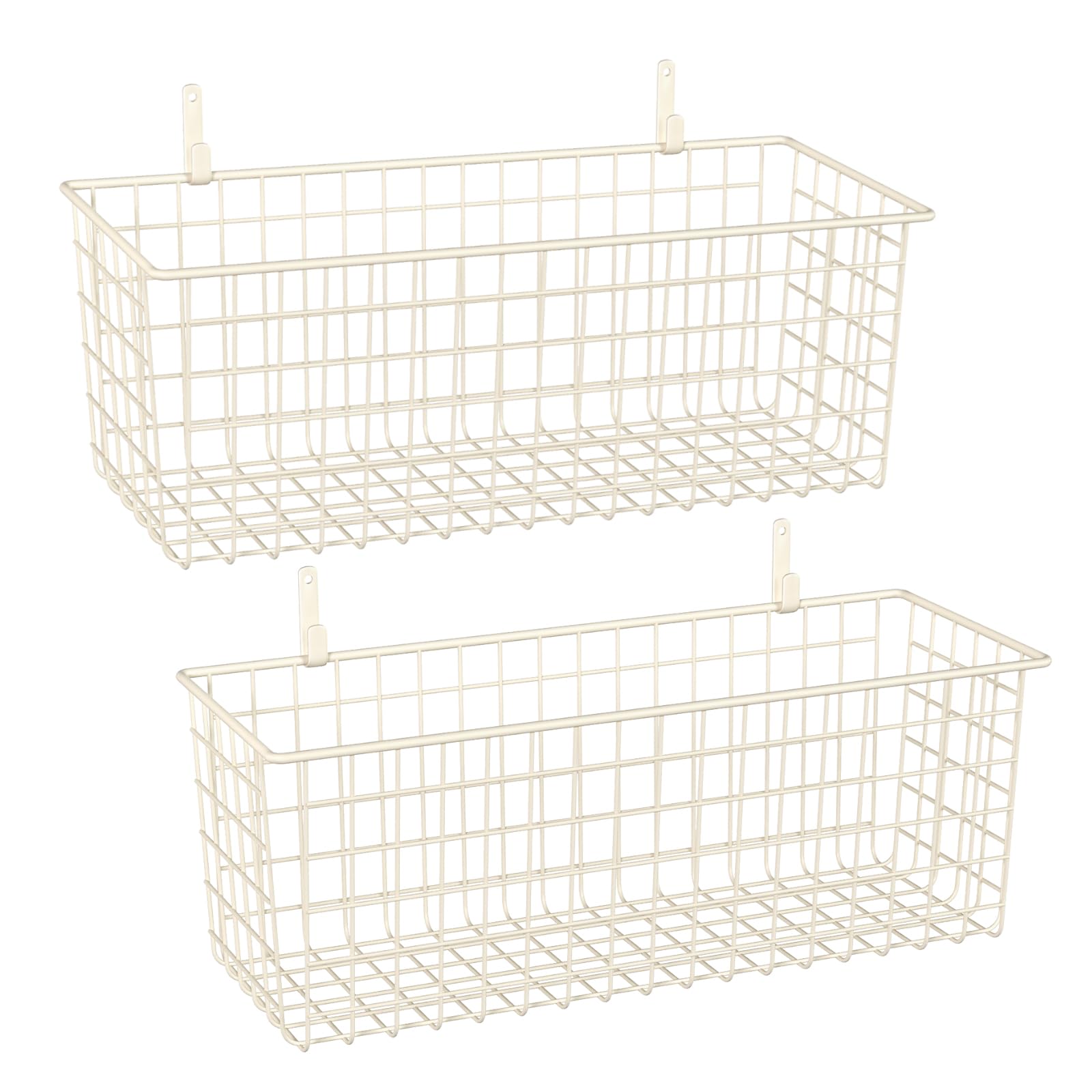 2 Sets Extra Large Hanging Wall Basket, White Metal Wire Baskets with Steel Hooks for Organizing, WallmountedFruit Vegetable Toy Snack Storage, Home Kitchen Bathroom Laundry Pantry Organizer