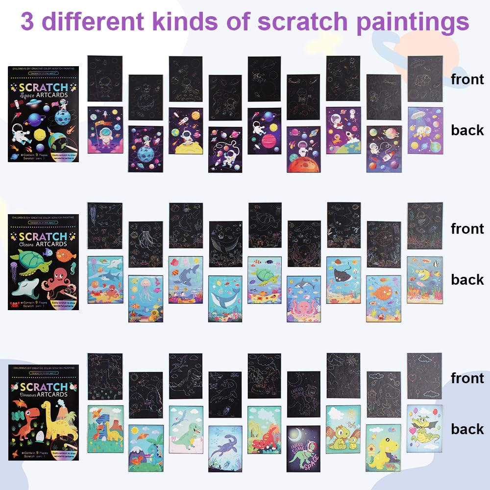 Scratch Art Kit Lot de 3 Carte a Gratter avec Stylets en Bois pour Enfants Adulte 18.5x13.5cm