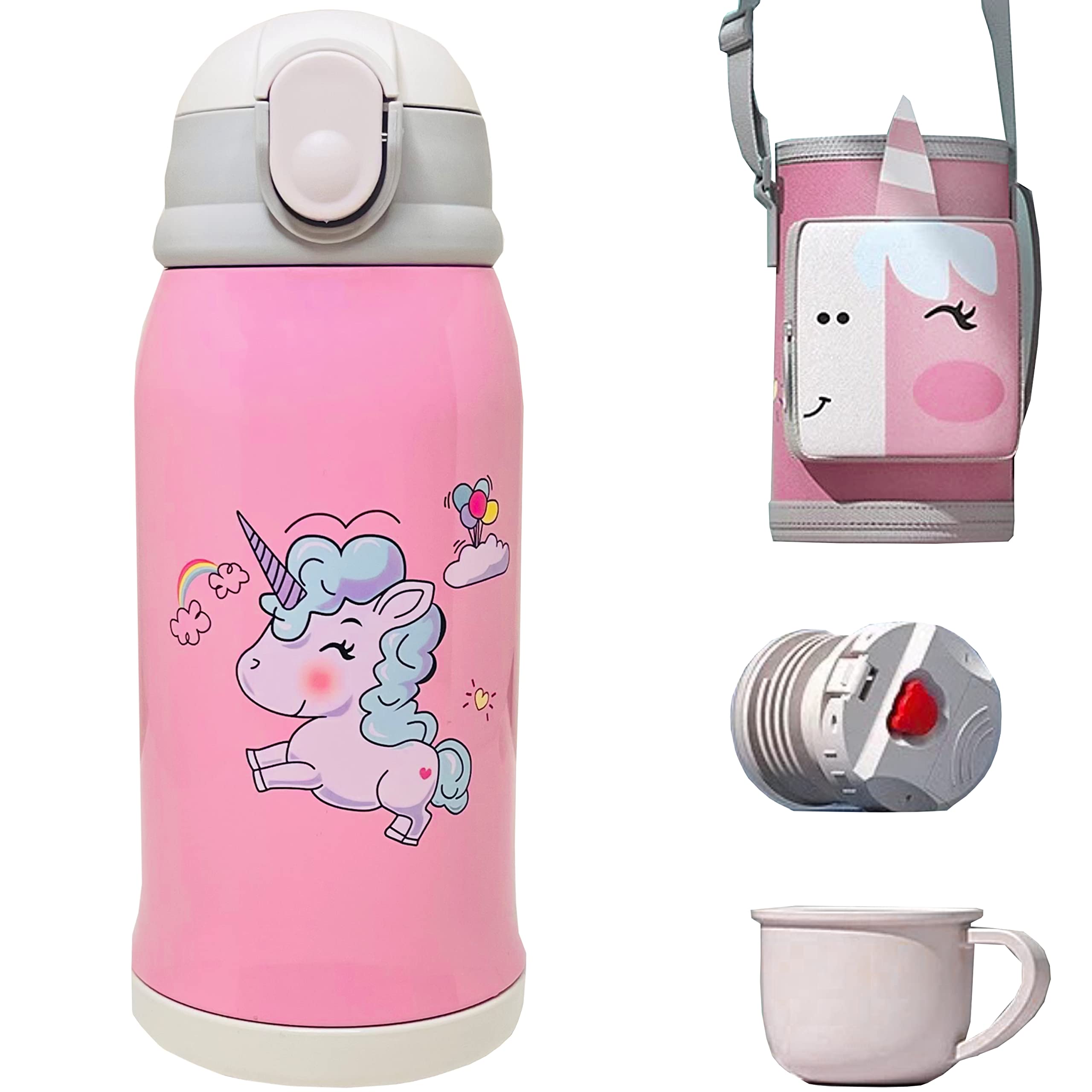 CARESWAY Kids Water Bottle with Straw , Bag and extra Lid- Water Bottle Kids - Insulated Unicorn Water Bottle - Boys, Girls Water Bottle - Drinks Kids Water Bottles for School - Water Bottle