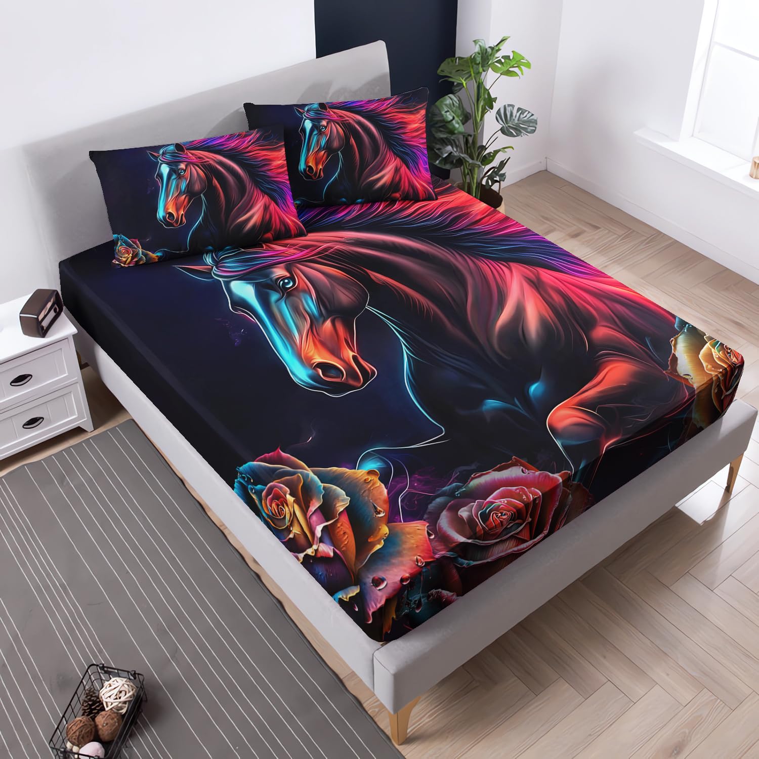 UEVBF Galloping Horse Bedding Full Fitted Sheet Set,Rose Floral Bedding Set for Kids Girls Boys Bedroom Decor,Aesthetics Bedding Farm Animal Fitted Sheet Sets,1 Fitted Sheet+2 Pillowcases.