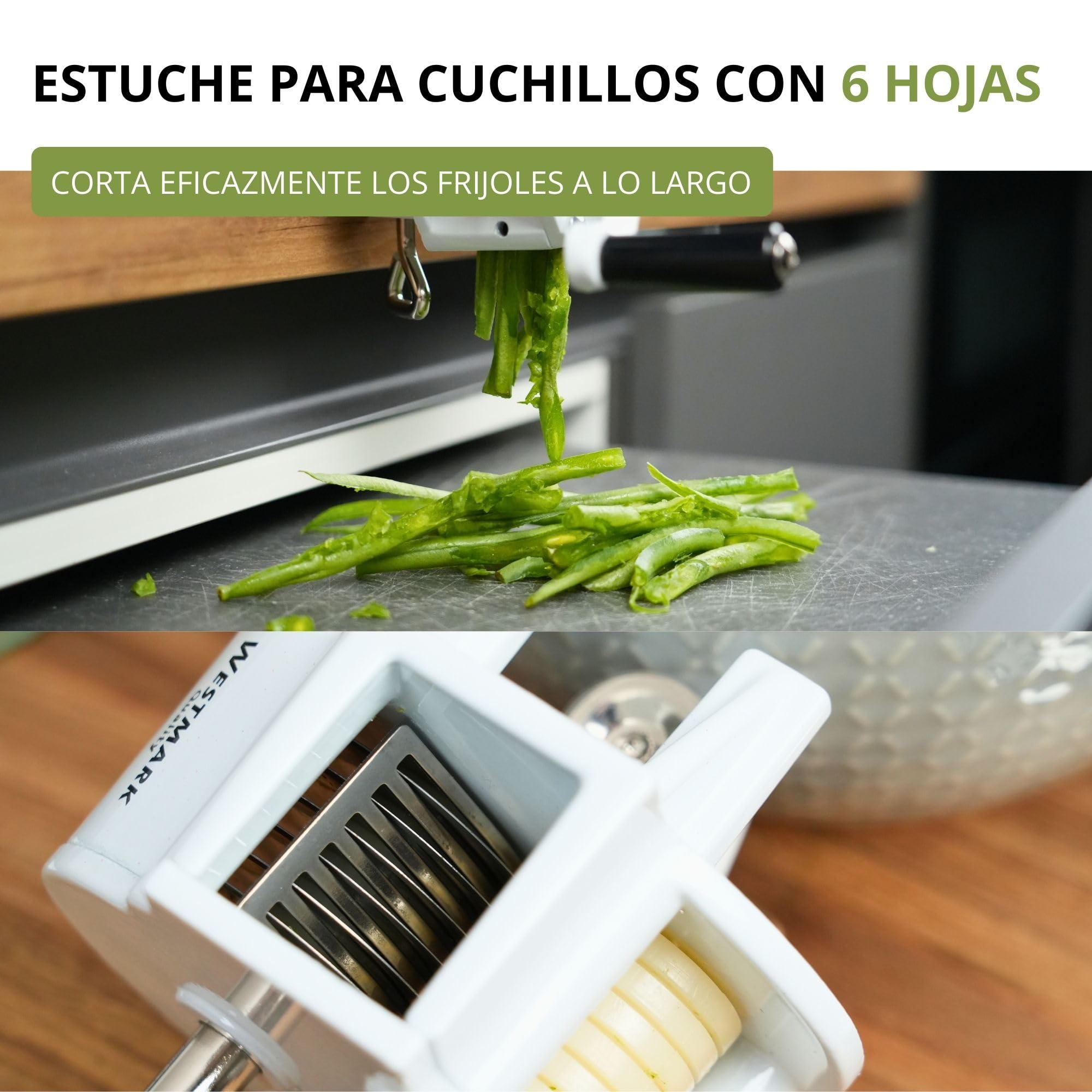 Westmark Mandolina para judías con gran abertura de corte y abrazadera de tornillo para el montaje en la mesa, Cuchillas de acero inoxidable/carcasa de acero, Blanco, 11862260