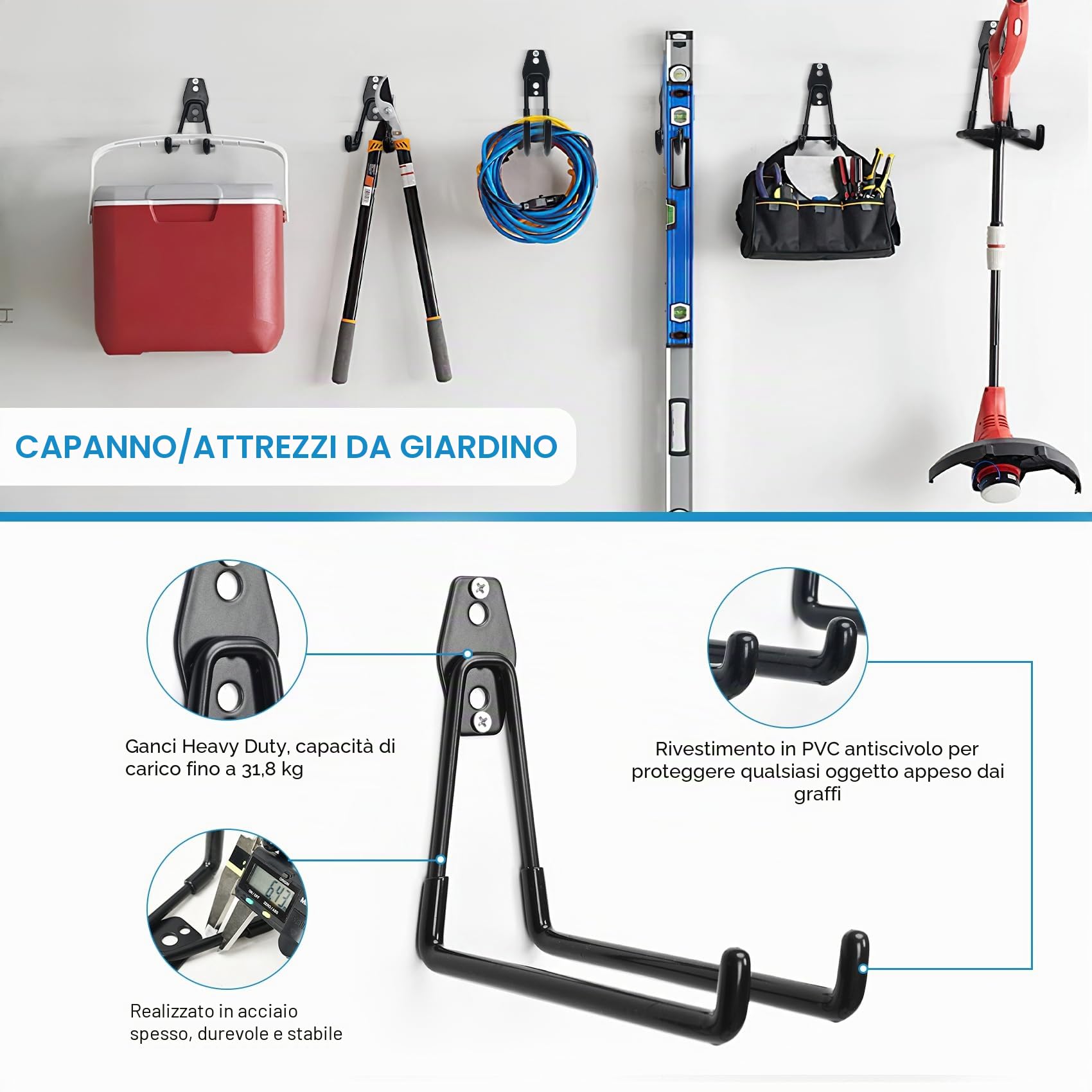 Ganci per garage robusti, ganci per garage, organizer per attrezzi da giardino, ganci in acciaio (2 pezzi, piccoli ganci a U)