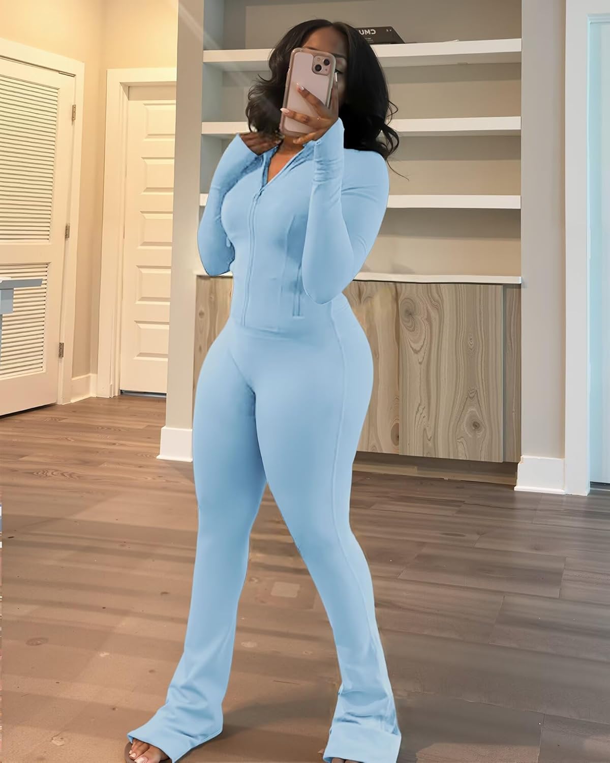 Adogirl Women 2 Piece Outfits Tracksuit Set Long Sleeve Full Zipper Crop Jacket and Flare Pants Workout Set With Pockets - Image 2