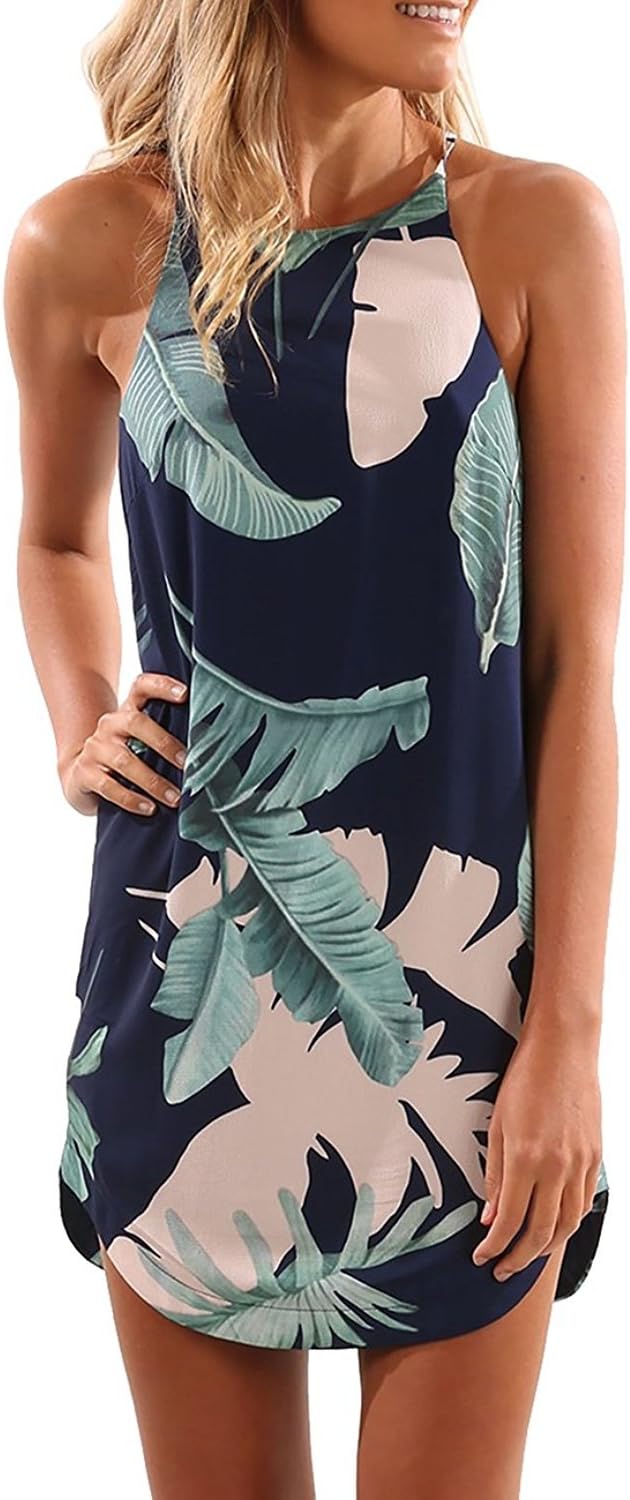 Womens Summer Sleeveless Print Chiffon Tropical Palm Dress Casual Sundress Navy