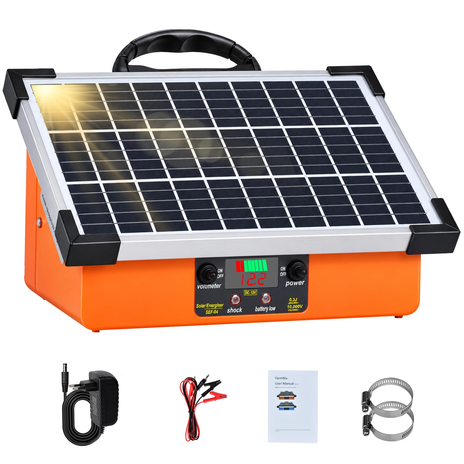 24 km Solar-Weidezaungerät 7,5W, 10.000 V Tag / 7.500 V Nacht automatische Umschaltung, 0,3 J Smart-Impuls (1,5-3,0S), LCD-Batteriestandanzeige, IPX4 Allwetter-Set für Rinder, Pferde, Wildschutz
