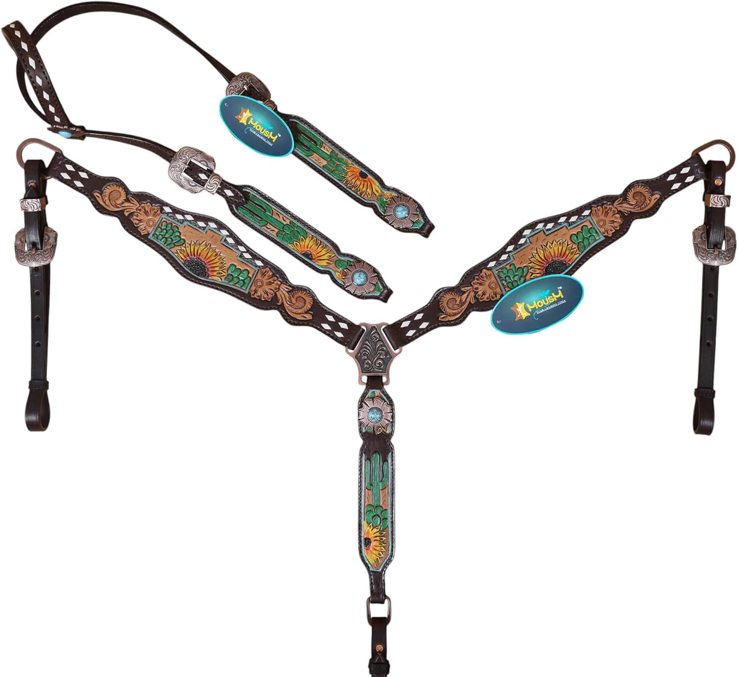 Western Leather Headstall and Breast Collar Tack Set with Cactus Sunflower Carving, Rawhide Buckstitching, Hand Painted, Argentina Cow Leather