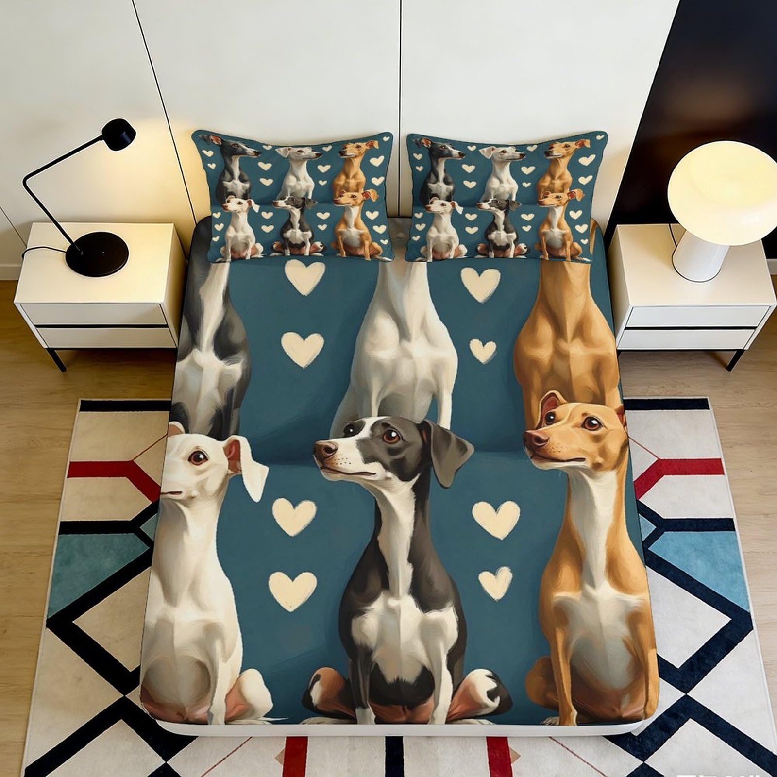 Jqzkxnhpbr Style-9 3D Printed Dog Pattern Fitted Sheet Microfiber Soft Blue Animal Heart Bed Cover For Bedroom Guest Room Decor 90X200x25cm