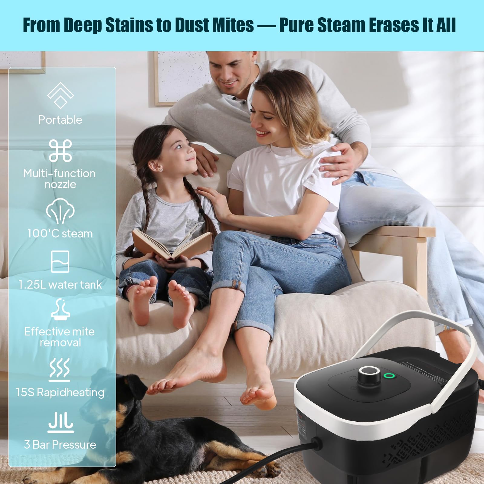 Pulitore a vapore manuale da 2500 W, 4,5 bar ad alta pressione e 15 s, serbatoio dell'acqua da 1250 ml, 9 accessori per cucina (piano cottura in ceramica), auto, pavimento, finestra, barbecue