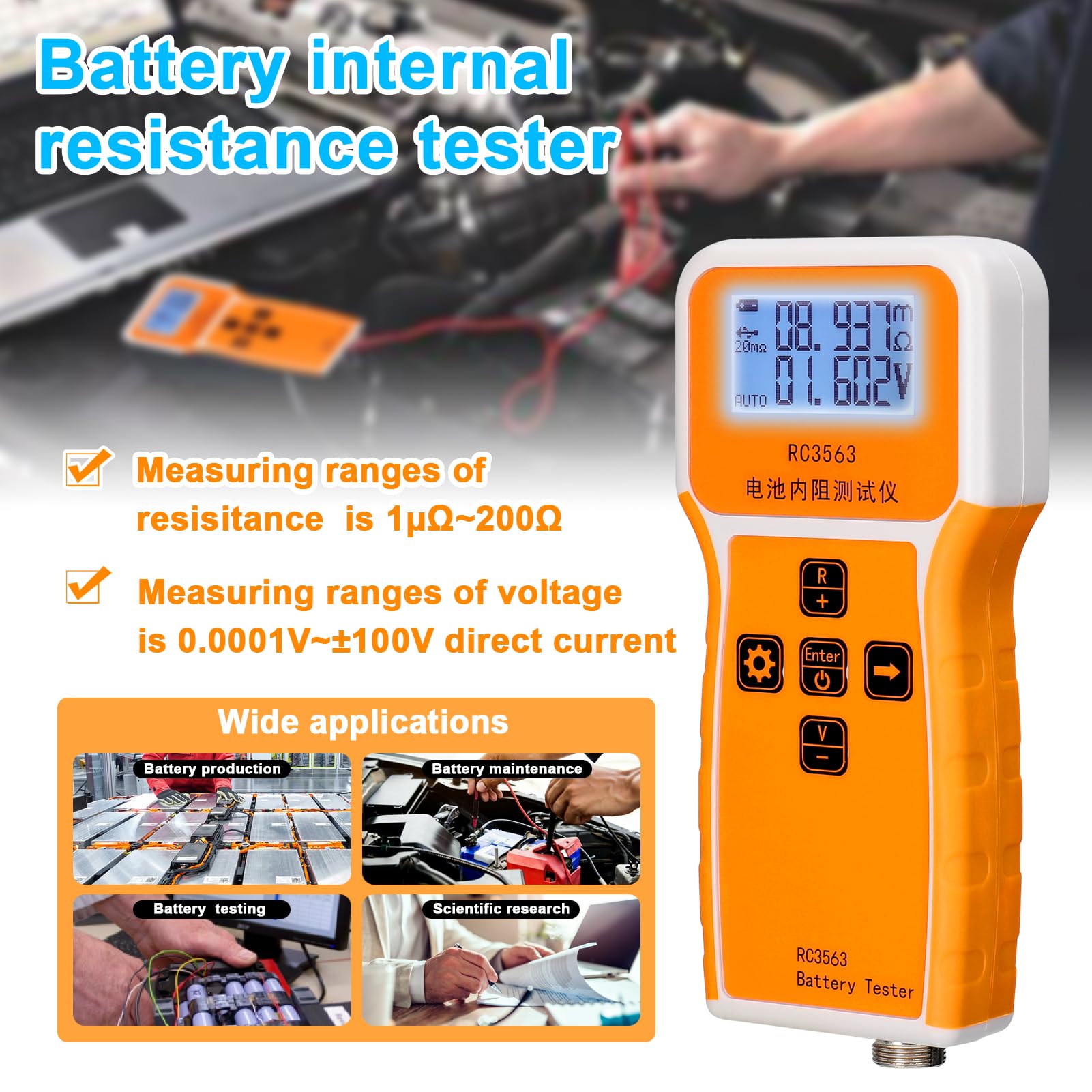 RC3563 200Ω 100V - Tester di tensione per batteria portatile, con display a 3 cifre, ad alta precisione, a quattro fili CA, al litio, piombo-acido