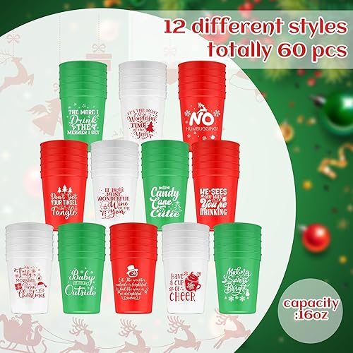 Miniatura 3 de Uiifan 60 vasos de plástico de Navidad a granel de 16 onzas, vasos de plástico reutilizables para vacaciones, vasos de estadio de Navidad, tazas de