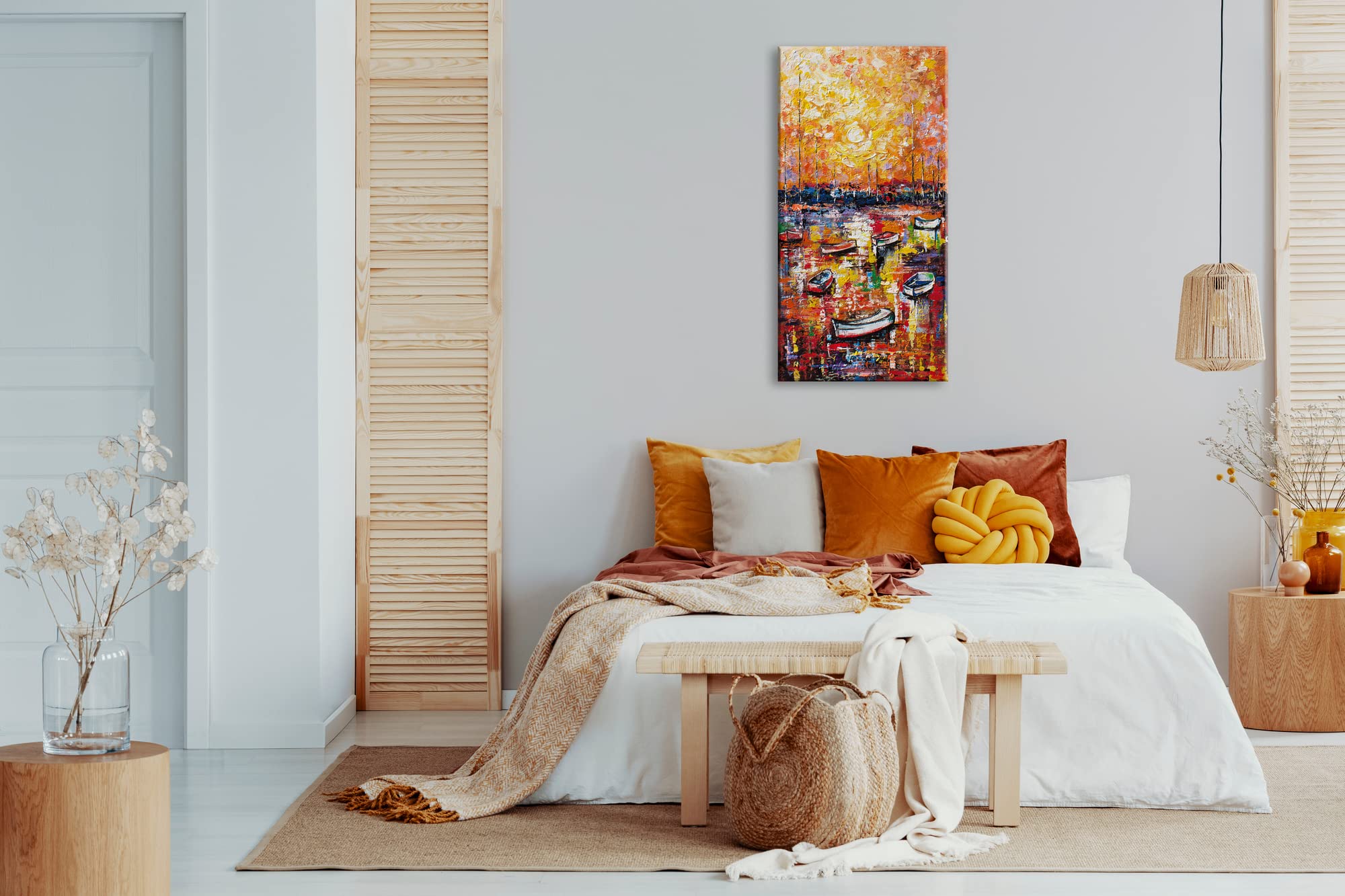 YS-Art XXL Abstrakt Acryl Gemälde auf Leinwand Hafen handgemalt Wandbilder Wohnzimmer modernes Design Bilder Dekoration Boote orange echte Kunstwerk 120x60 cm