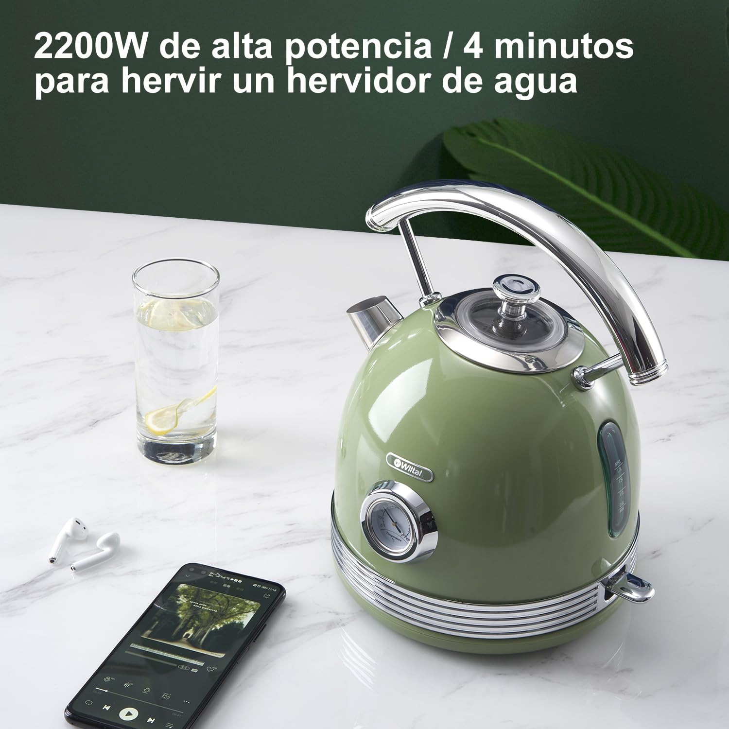 Hervidor eléctrico retro Wiltal, de acero inoxidable, juego de hervidor eléctrico y tostadora, 2200 W, 1,8 litros, ideal para té, café, alimentos para bebés, sin BPA. Verde