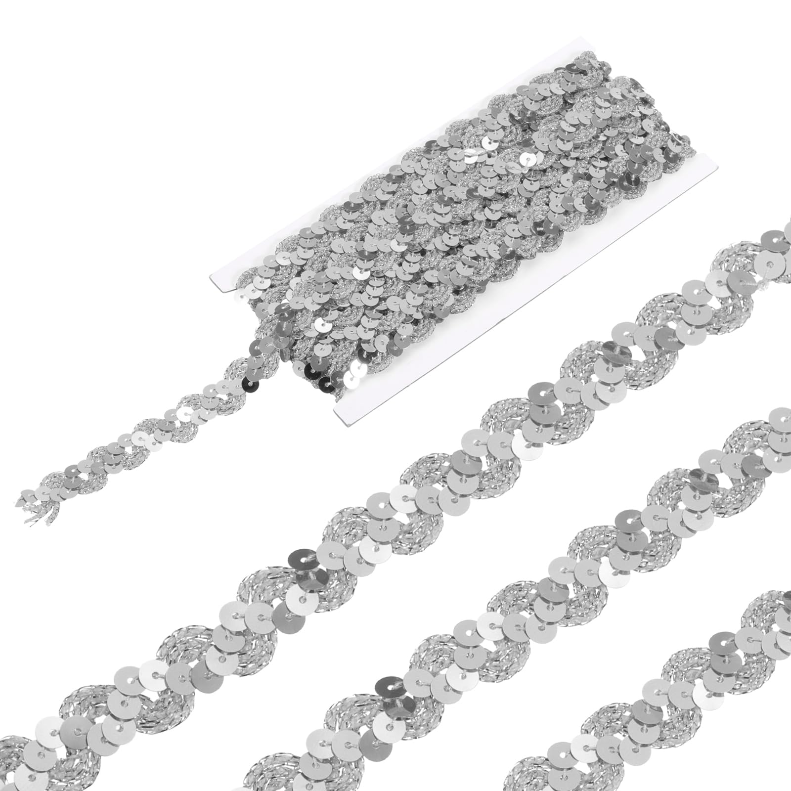 sourcing map 5 Yard Sequins Beaded Lace Trim 0.6 Inch Wave Sequin Braid Trim Strip Paillette Ribbon for Crafts, Embellishments, DIY Sewing Costume, Silver