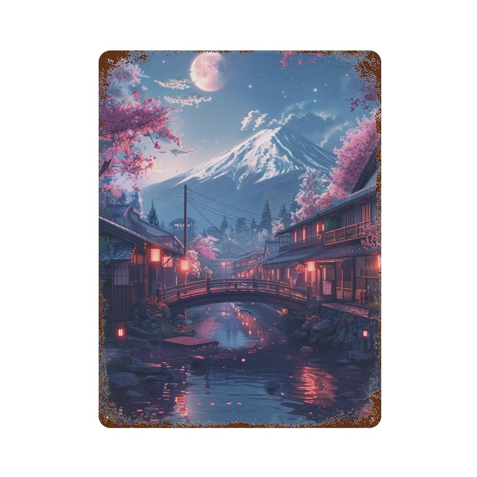 Cherry Blossom Moonlit Village -2 Rust Effect Tin Sign 15.7"x11.8", Vintage Wall Decor for Pub, Kitchen And Man Cave Decor
