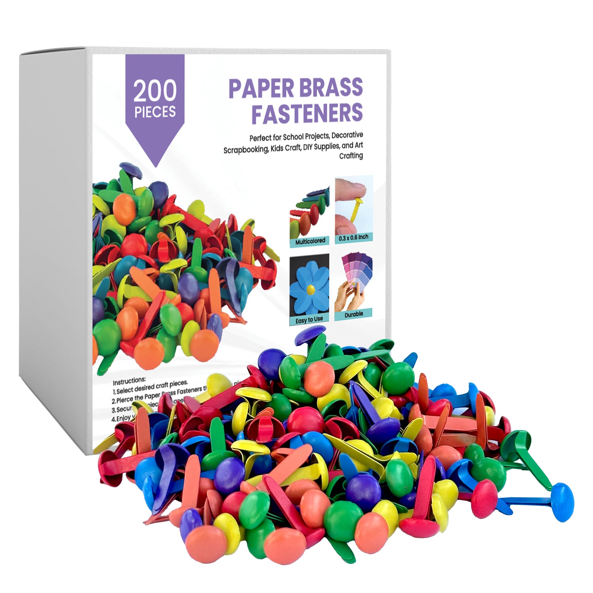 Performore 200 Pcs of 8mm x 16mm Assorted Multi Colors Round Head Fasteners, Brads for Arts and Crafts, Scrapbooking, Decorating and DIY Uses, Flexible Premium Size and Quality