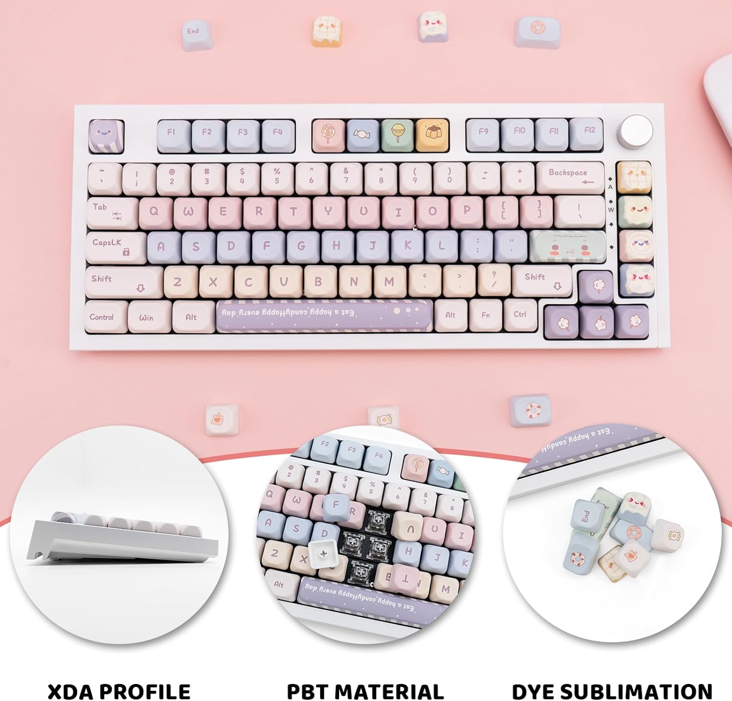 Candy Color PBT Keycaps Set XOA Profile Cute Round Keycaps 138 Keys Custom Dye-Sublimation Keyboard Keycaps for 60% 65% 70% 75% 100% Cherry Gateron MX Switches Mechanical Keyboards