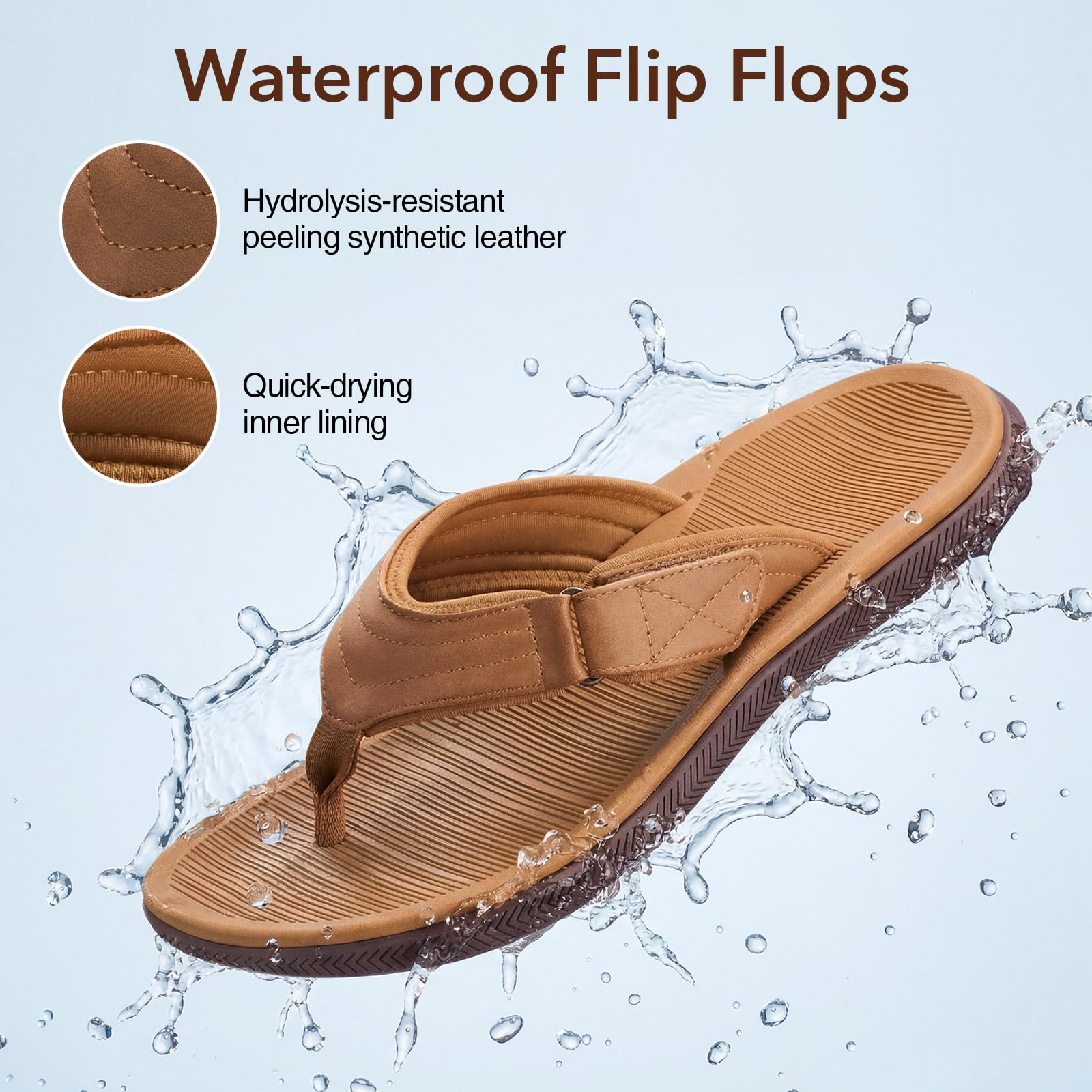 ZURIN Beach Flip Flops for Men, Rubber Mens Sandals with Arch Support, Waterproof Leather Thong Sandals Slip On with Adjustable Straps Soft Cushion Footbed Summer Indoor Outdoor — view 7