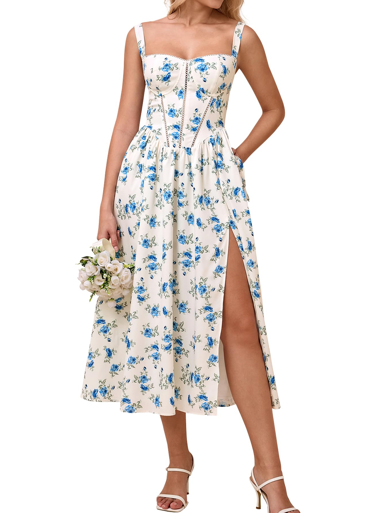 KUTUMAI Summer Floral Corset Midi Wedding Guest Dresses for Women | Slit Flowy Sundress with Pockets, Idea for Garden Tea Party Engagement Bridal Shower Fancy Cottagecore Milkmaid
