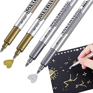 4 Pack Metallic Paint Markers，Gold and Silver Marker Metallic,for Black Paper, Rock Painting,Silver Markers Permanent Metallic, Silver Ink Pen for Card Making Painting DIY Album, 2 Gold & 2 Silver