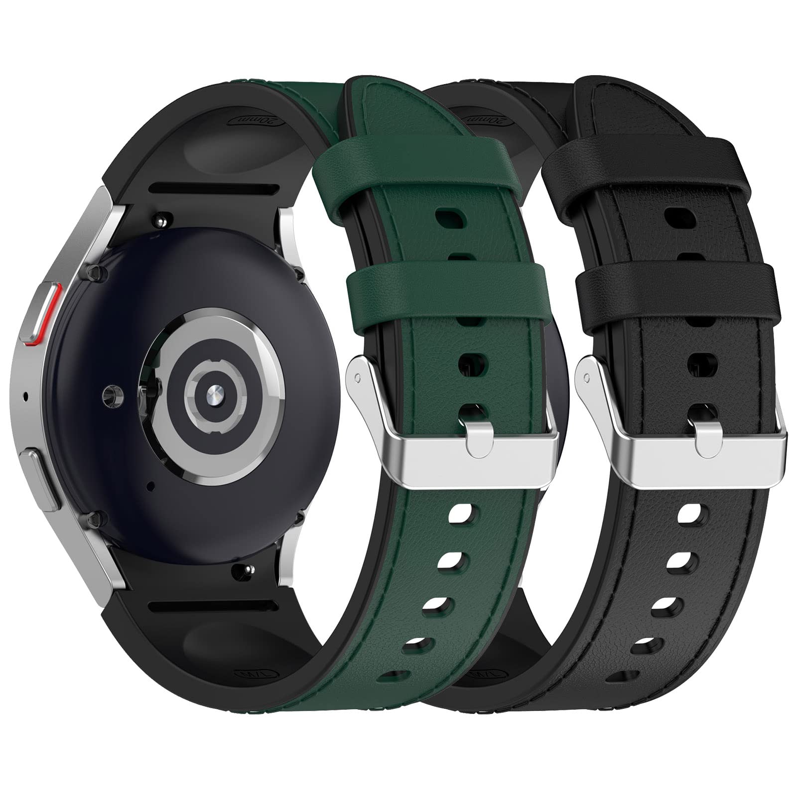 Silicone & Leather Design Bands Colorful Leather Straps for Samsung Galaxy Watch 7/6/6 Classic Band, No Gap Link Bracelet with Clasp Metal Strap for Galaxy Watch 7/6 5 Pro 5 4 Band 40mm 44mm 45mm,6 Classic 43mm 47mm for Men Women