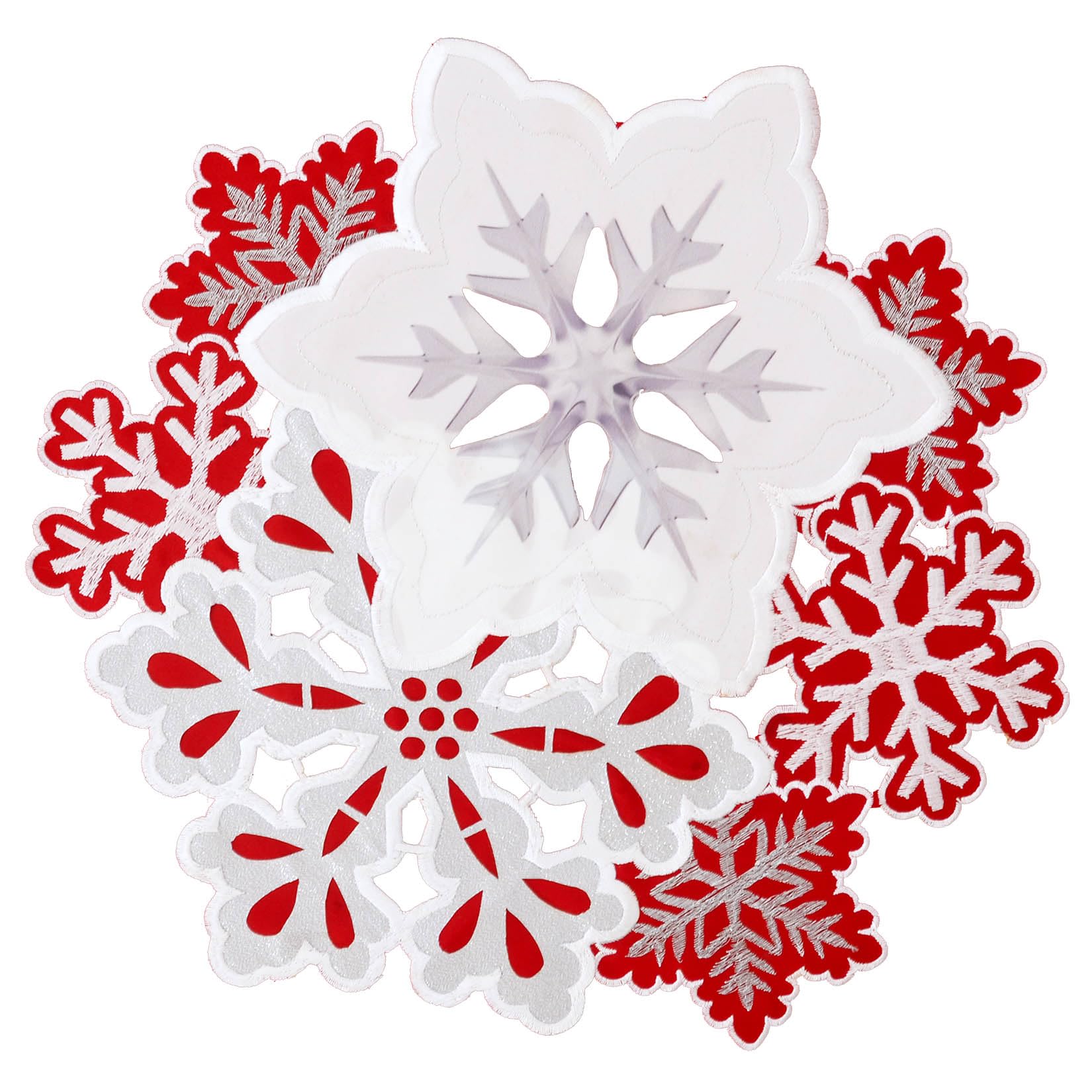 Grelucgo Juego de 4 tapetes bordados redondos de copos de nieve de 38.1 cm para Navidad e invierno (rojo)