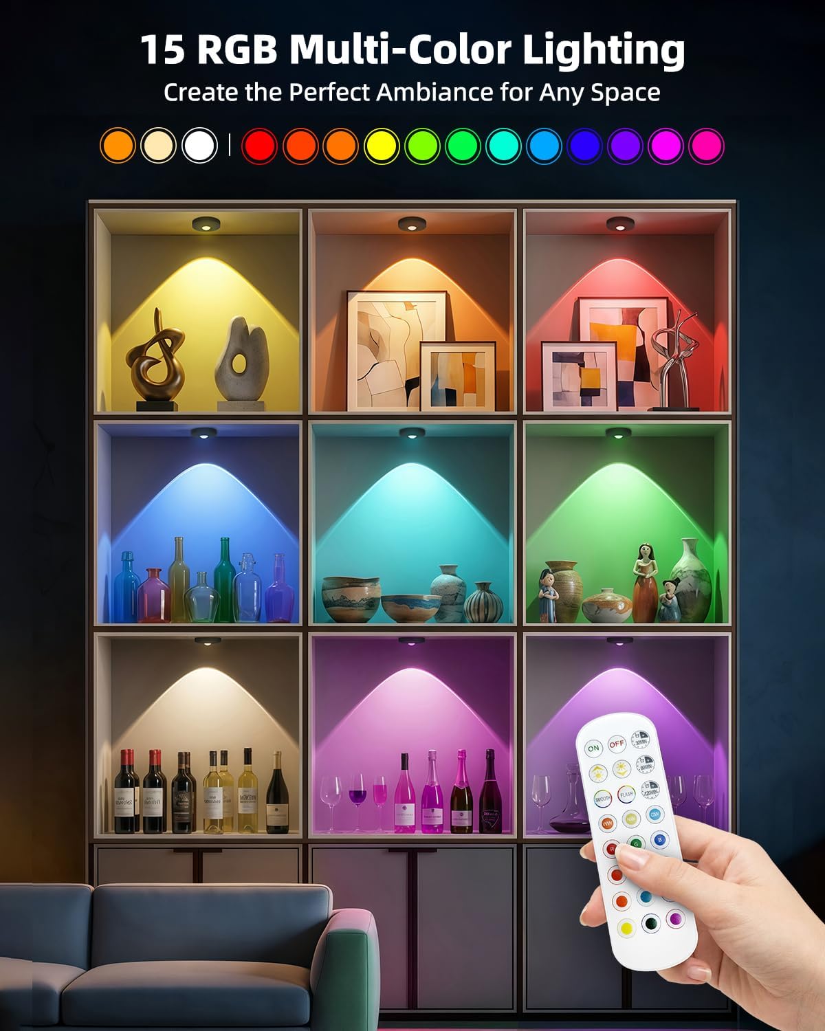 Rechargeable RGB Puck Lights with Remote Control, 1500mAh Battery Operated Push Lights, Dimmable & Timer Under Cabinet Lighting for Closet, Bedroom, Kitchen Black 12Pcs