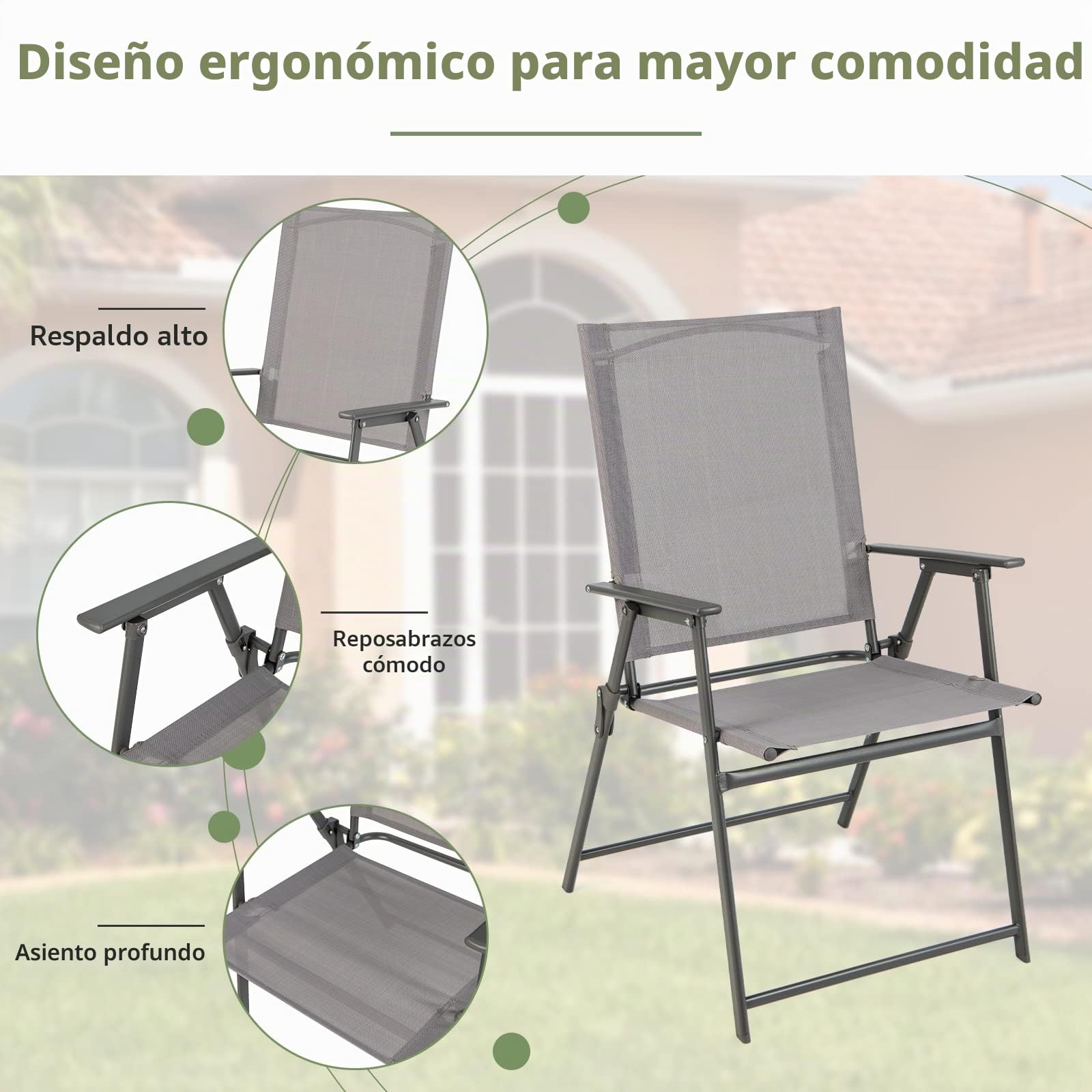 GIANTEX Juego de 2/4 Sillas de Exterior Plegables, Sillas de Jardín con Respaldo Alto y Reposabrazos, Marco de Metal y Tela Transpirable, Carga hasta 150 kg, para Balcón, Camping (Gris, 2 Unidades)