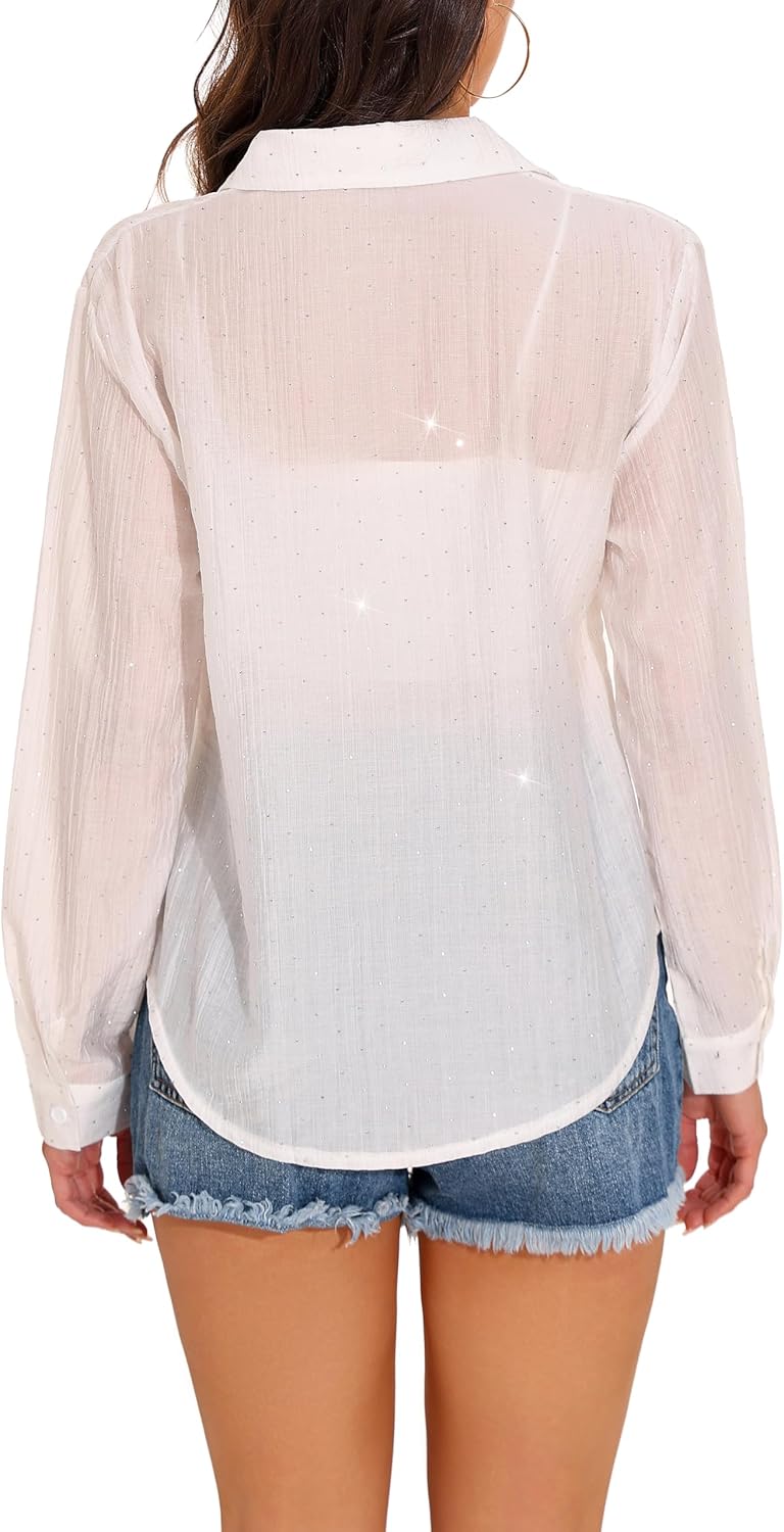 GUANYY Women's Sheer Button Down Shirt Rhinestone Sparkly Mesh Chiffon Blouse Long Sleeve Casual Top - Image 3