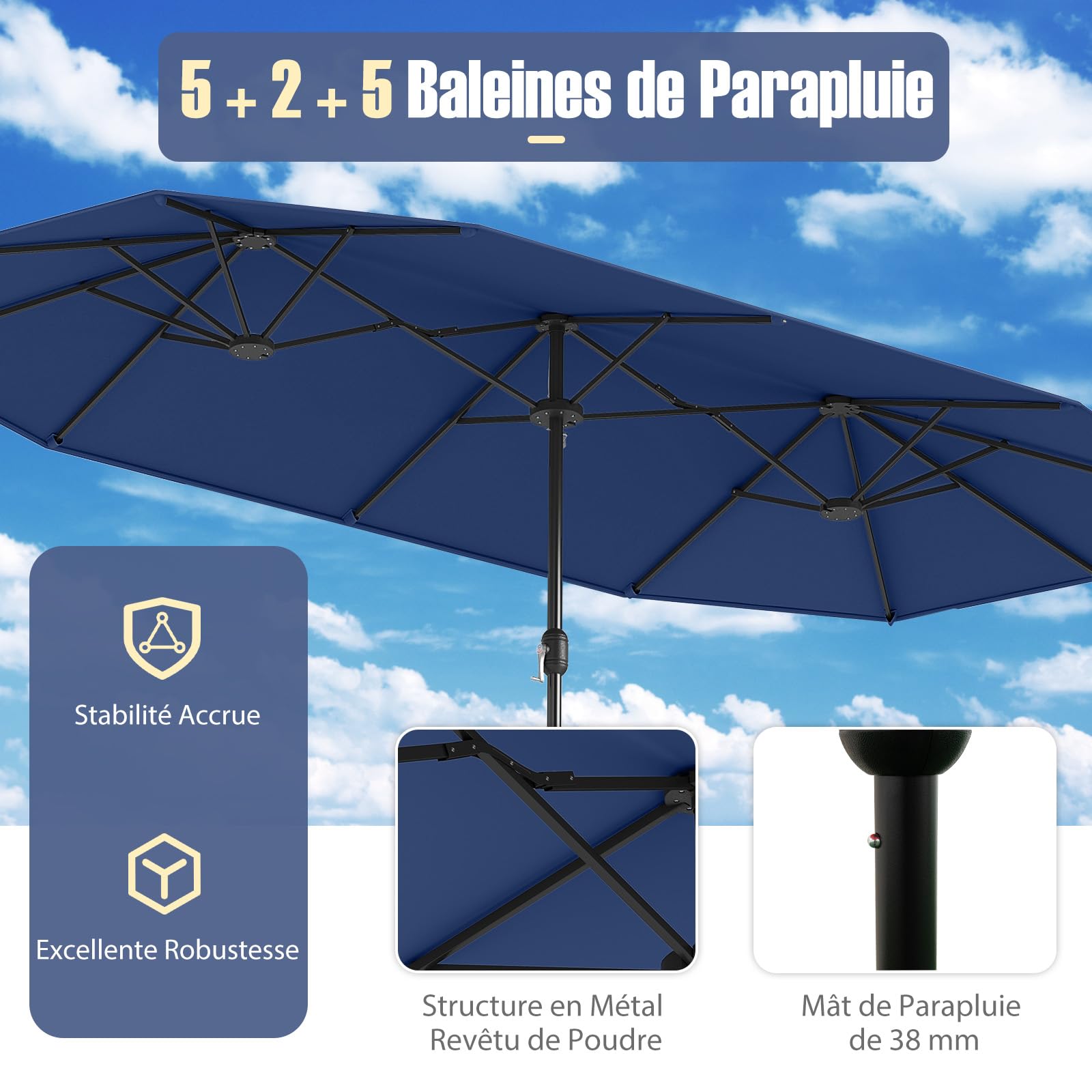 RELAX4LIFE Grand Parasol de Jardin Extérieur avec Pied | Parasol Double Terrasse à 12 Baleines | Manivelle | Polyester Résistant | Verrou de Sécurité | Protection UV pour Piscine Patio Marché (Marine)