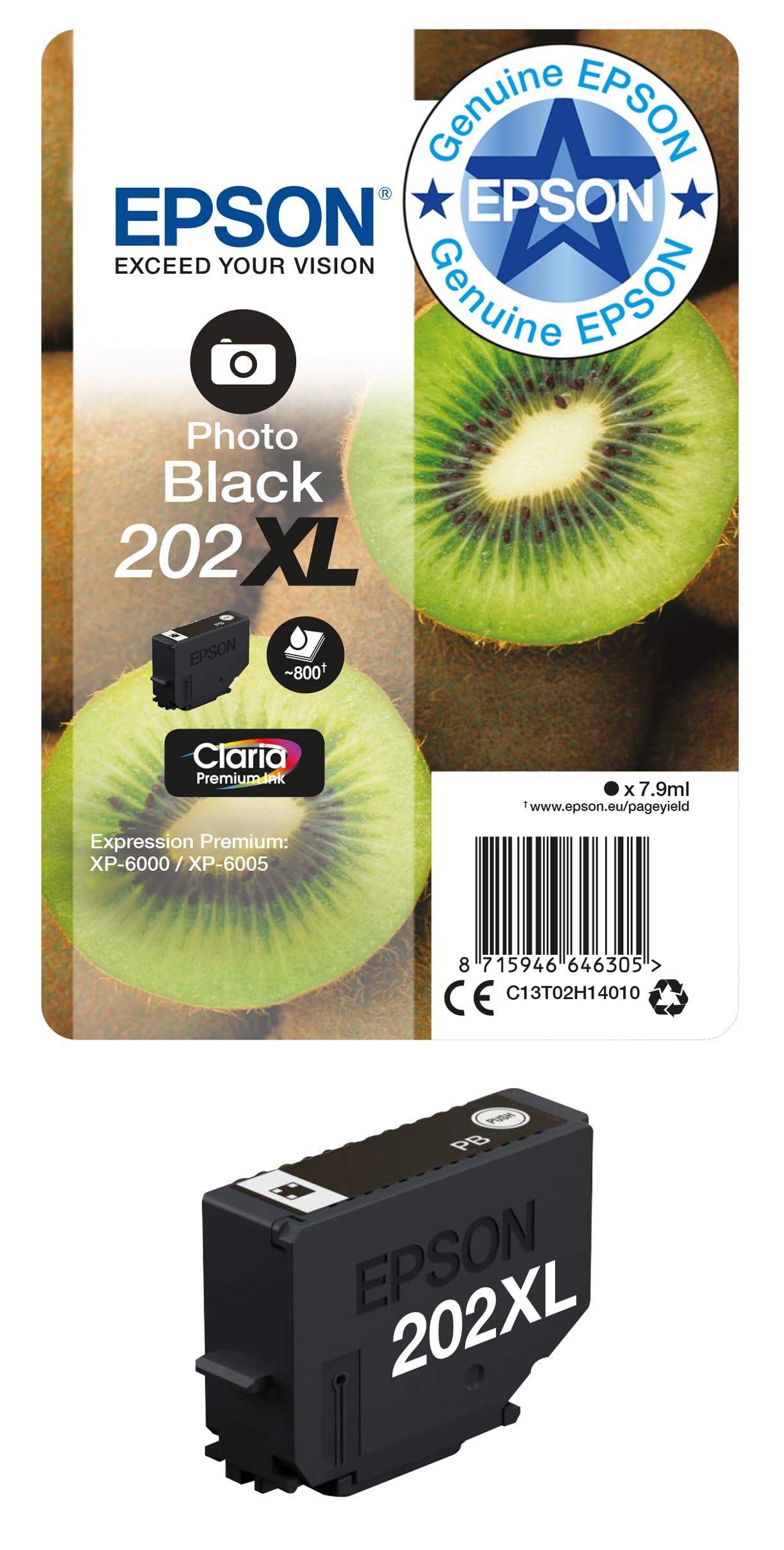 Epson Black 202XL Premium Ink Claria High Yield Kiwi Photo C13t02h1