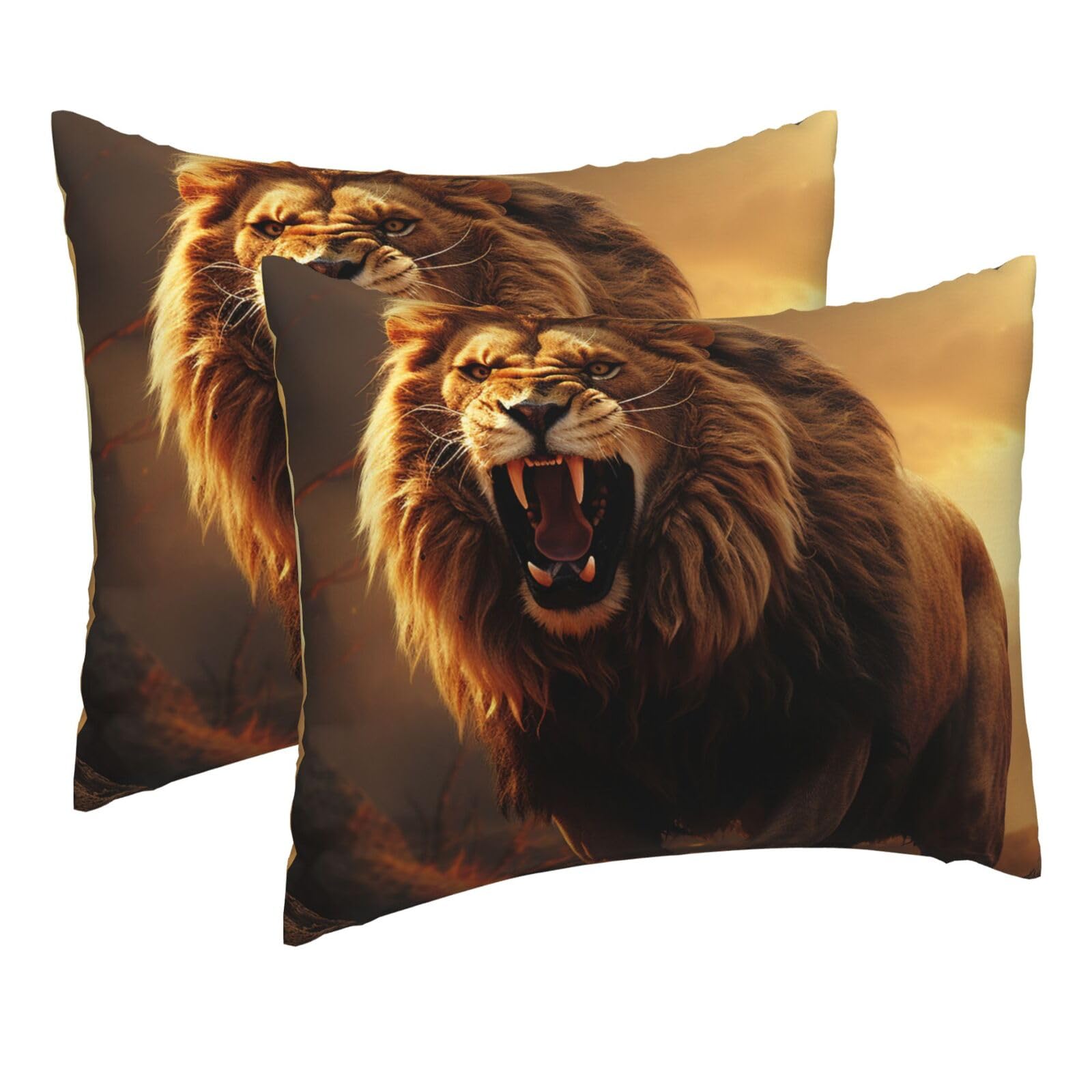 2 Pack Pillow Cases with Hidden Zipper, Soft Breathable Pillow Covers for Hair and Skin, Angry Roaring Lion Pillowcases 16"x20" Bed Pillow Protectors Cover for Sleeping Gifts