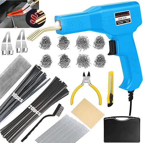 Kit de reparación de parachoques de plástico de 220 W, kit de soldadura de plástico 2 en 1, 800 grapas calientes y 30 varillas de soldadura de