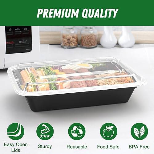 Miniatura 3 de Paquete de 50 recipientes (100 piezas) de 32 onzas reutilizables con tapas fáciles de abrir, resistentes a prueba de fugas, aptos para microondas,