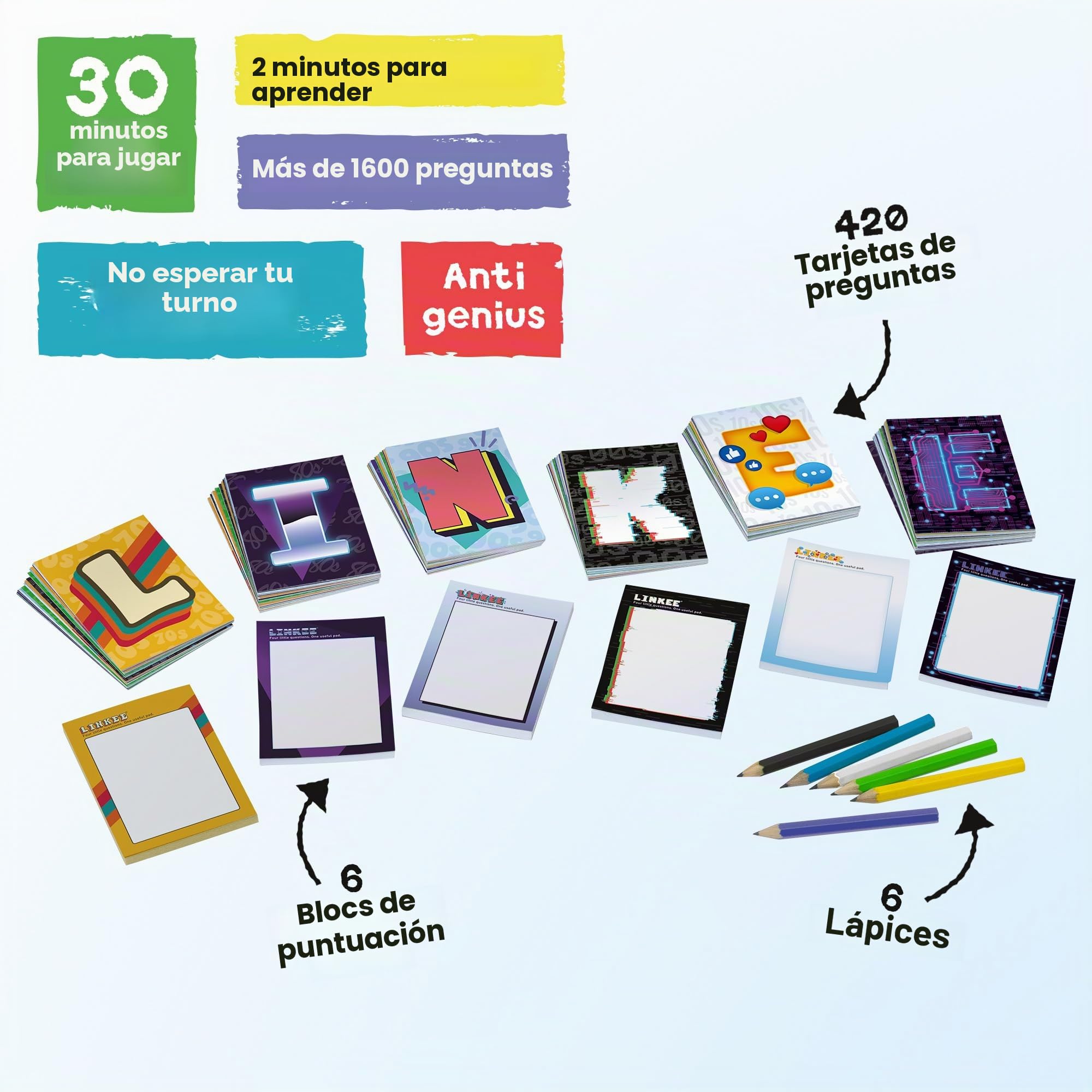 Ideal | LINKEE Generations Juego de Preguntas de Trivia de décadas: Cuatro pequeñas Preguntas con un Gran Enlace. 1970, 80, 90, 00 a 2020 Adolescentes, Adultos y familias, más de 3