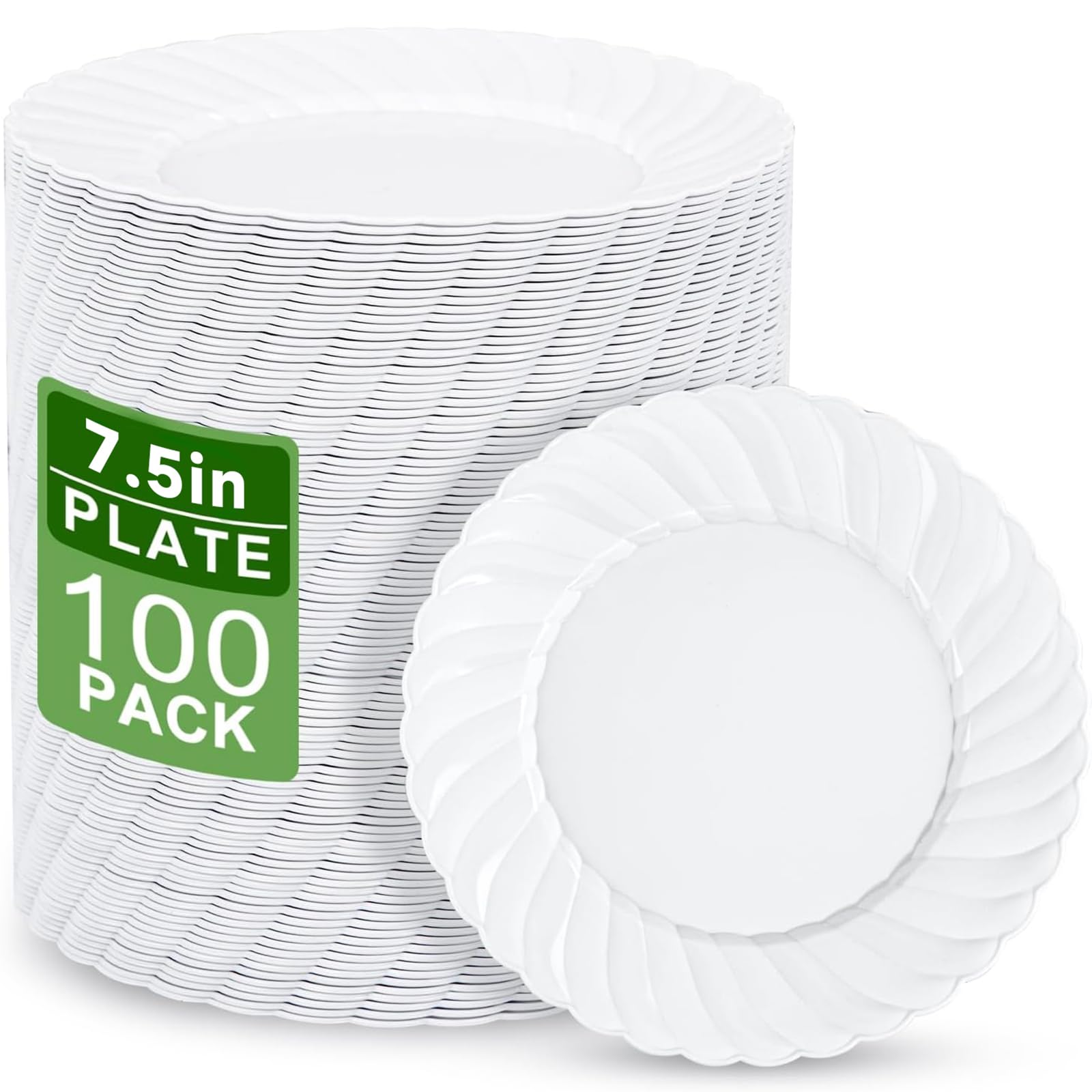 U-QE 100 Count White Plastic Plates for Party - 7 Inch Scalloped Dessert Plates Disposable Heavy Duty - Premium Hard Plastic Appetizer/Cake Plates for