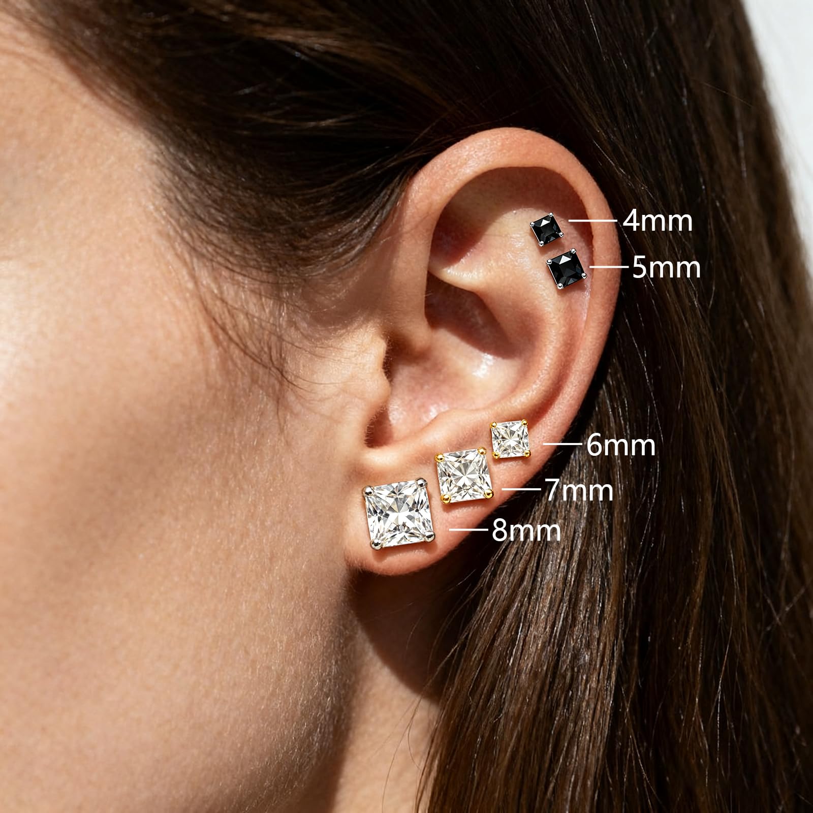 Orecchini Zirconi Cubici in Argento Sterling 925 Diamanti Simulati Ipoallergenici Orecchini a bottone Rotondi Quadrati CZ Piercing per Cartilagine Gioielli Regali per Donne Uomini 4-8 mm