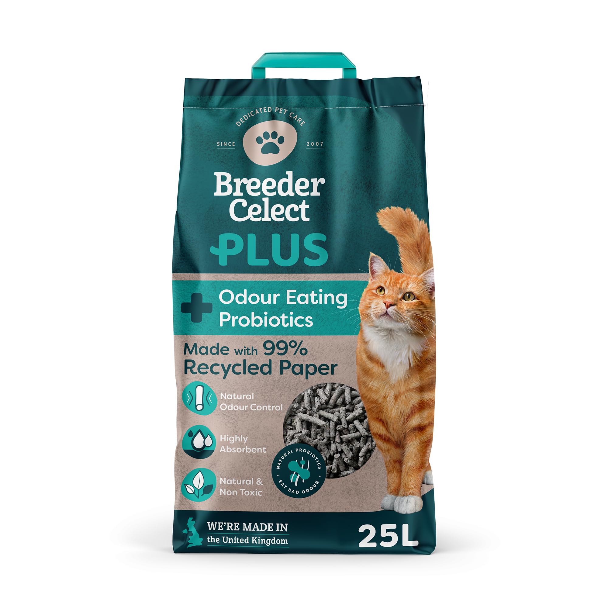Breeder Celect Plus All-Natural Cat Litter with Odour-Eating Probiotics (25L) – 99% Recycled Paper, Highly Absorbent Litter/Bedding, Soft & Safe for Kittens, Non-Clumping, Biodegradable & Compostable