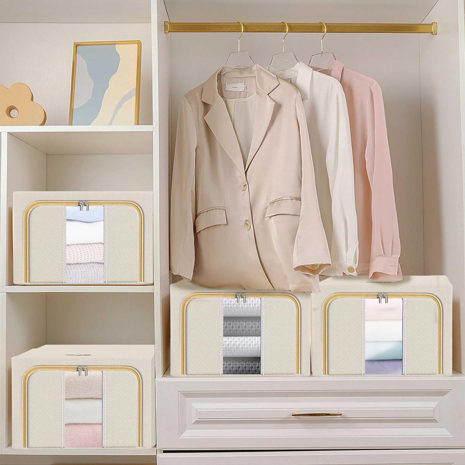 Paquete de 3 cajas de almacenamiento apilables para ropa, bolsa de almacenamiento plegable de 66 L con marco de acero, ventana transparente, apertura frontal con cremallera y asas, organizador de