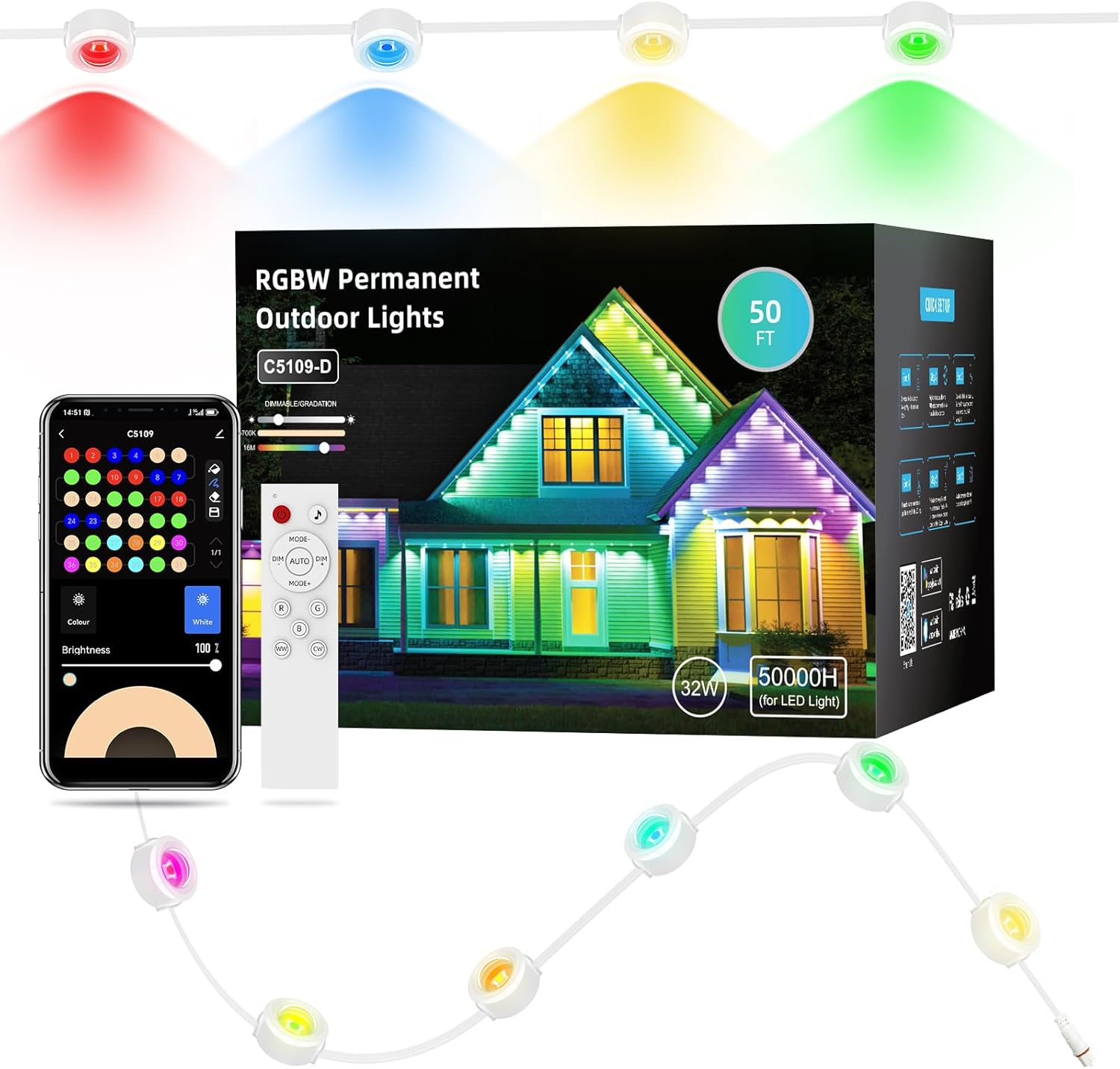 Permanent Outdoor Lights 50ft with 36 RGBW LEDs, 111 Scene Modes, Eaves Lights with 40lm Warm White, for Daily Holiday House Decor, App/Voice/Remote Control, White