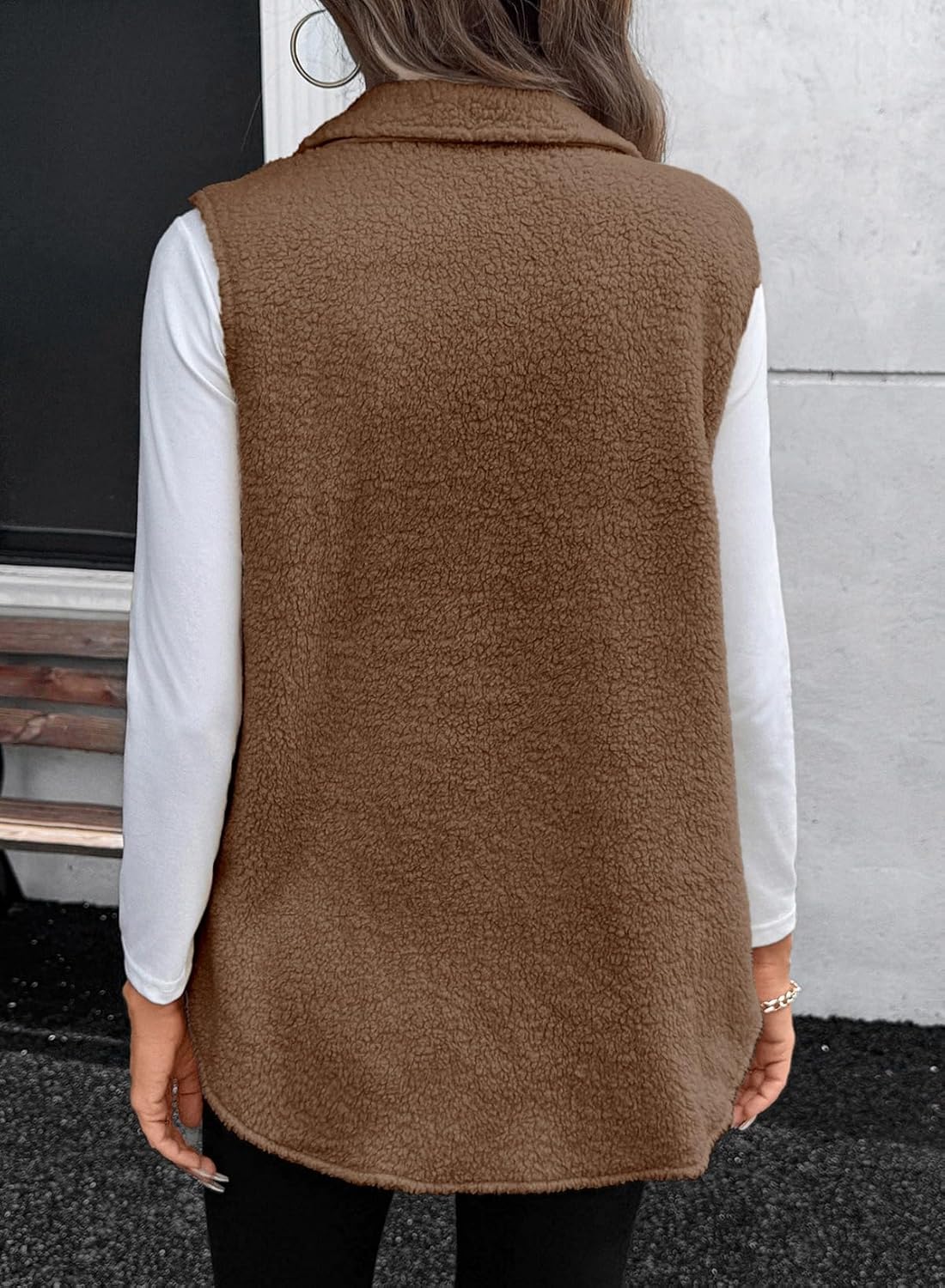 EVALESS Womens Warm Sherpa Fleece Sleeveless Button Down Long Vest Sherpa Jackets Coat Outerwear - Image 5