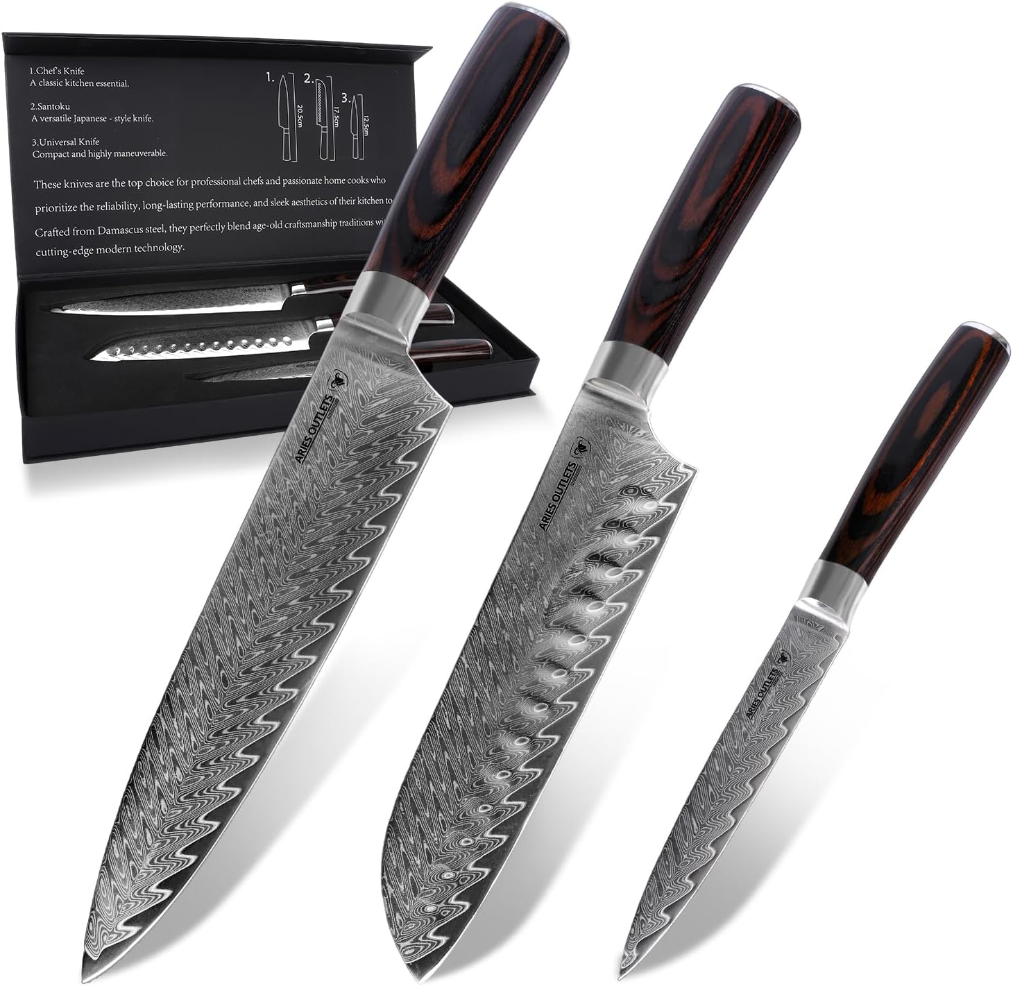 Damascus Knife Set, 3PCS Ultra Sharp Professional Japanese Kitchen Knives with Pakkawood Handles,VG10 Steel Core Chef Knife Set for Gift for Mom Dad-Gift Box