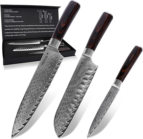 Damascus Knife Set, 3PCS High Carbon Professional Japanese Knives with Ergonomic Handle,VG10 Steel Core Chef Knife Set for Gift for Mom Dad