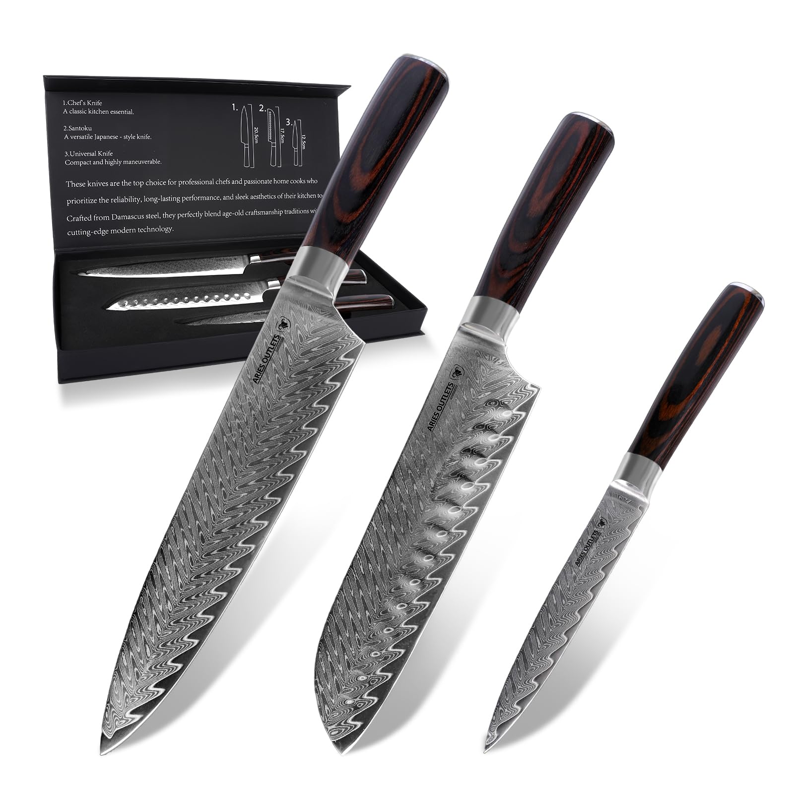 Damascus Knife Set 3PCS High Carbon Professional Japanese Knives with Ergonomic Handle VG10 Steel Core Chef Knife Set