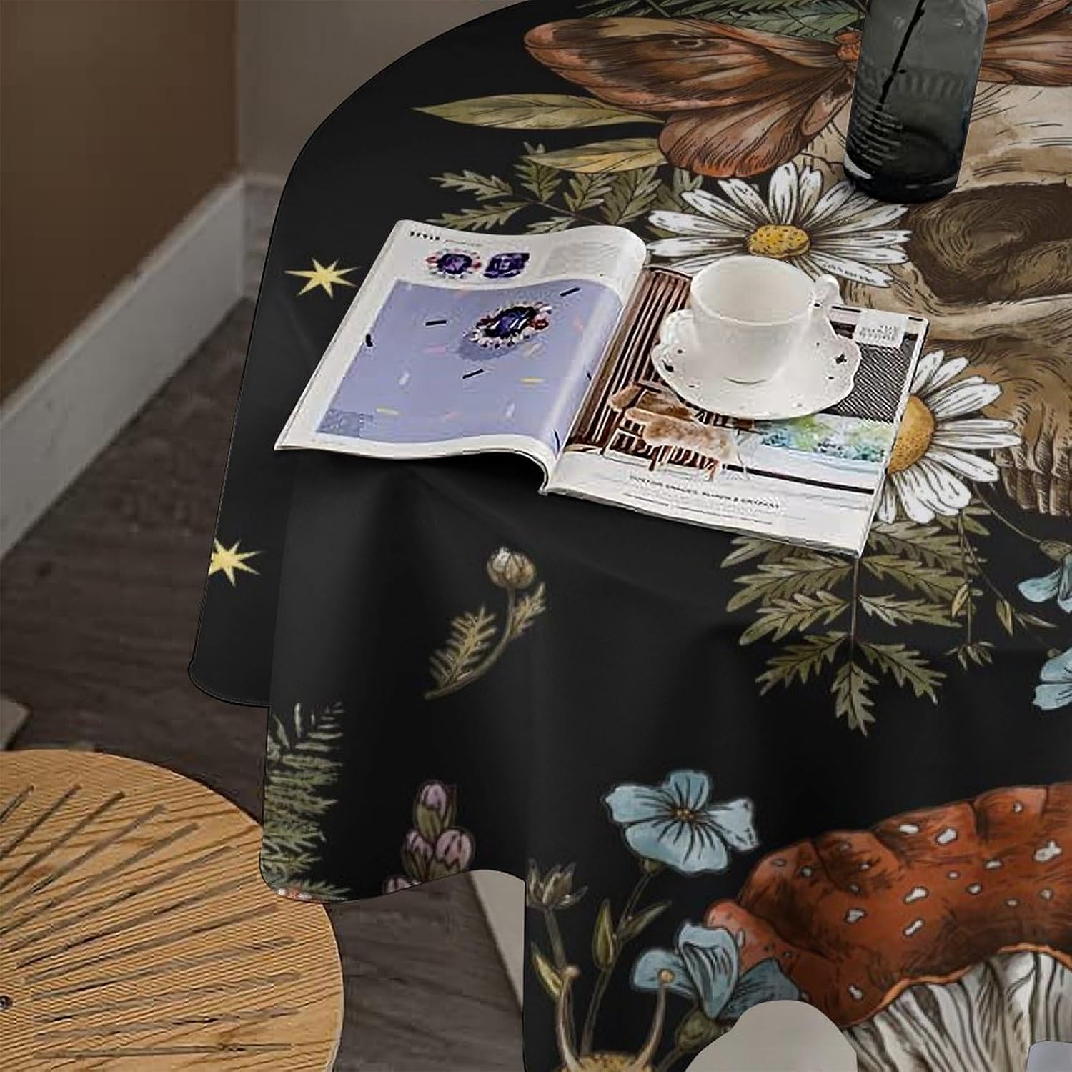 Gothic Skull Round Tablecloth, Mushroom Floral Moon Skeleton Butterfly Botanical Vintage Bohemian Print Tablecloth for Home Party Dining Room Kitchen Decor 70Inch(178cm)